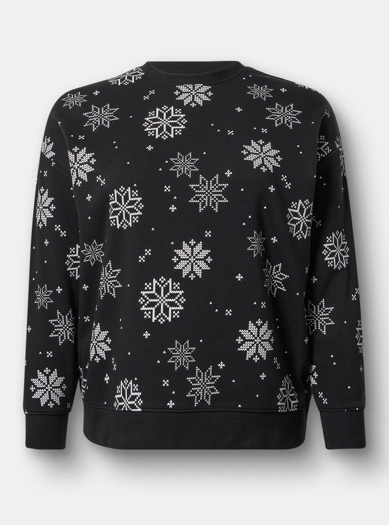Cozy Fleece Crew Drop Shoulder Sweatshirt, KNIT SNOWFLAKES BLACK, flat
