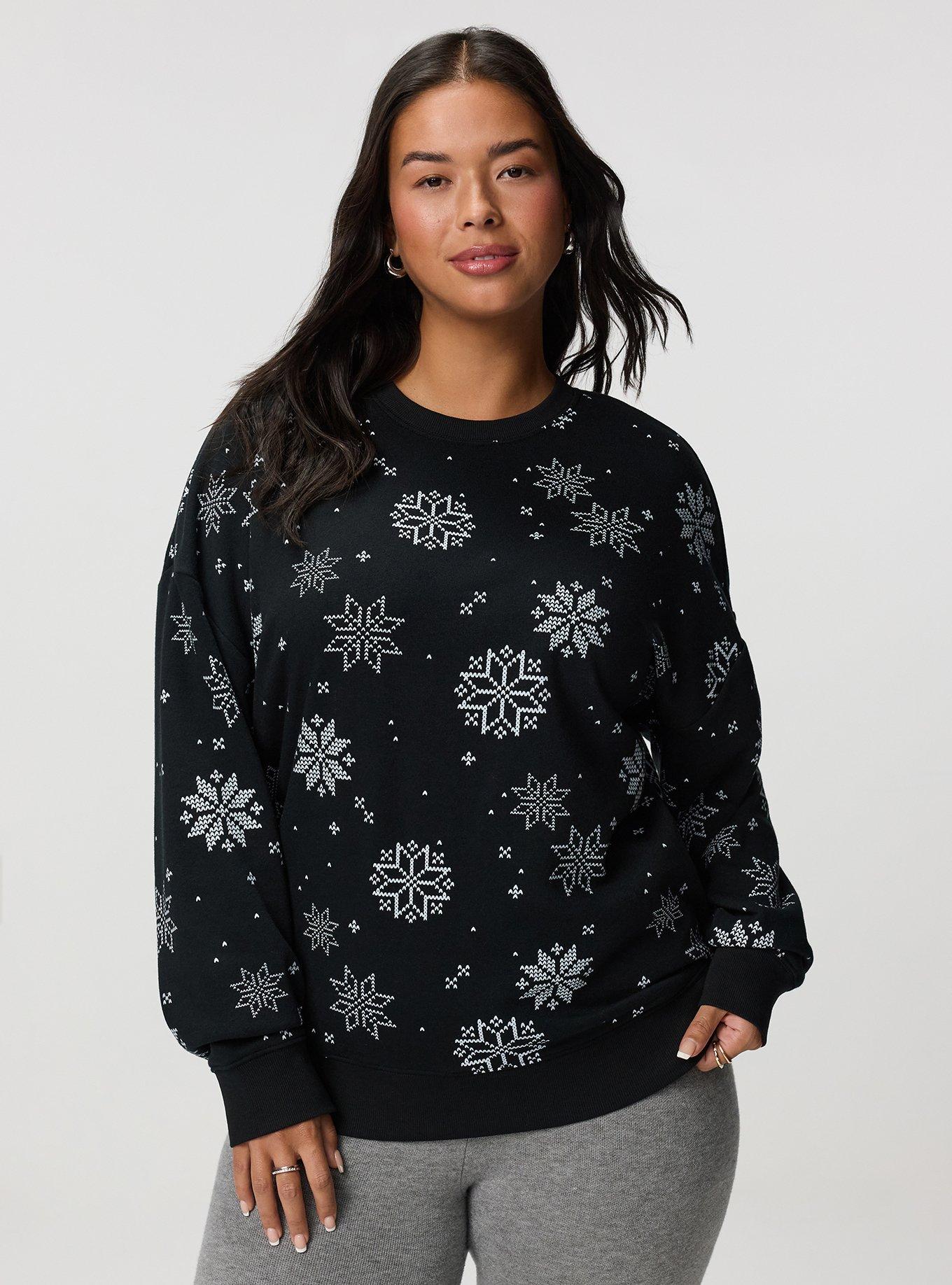 Cozy Fleece Crew Drop Shoulder Sweatshirt, KNIT SNOWFLAKES BLACK, hi-res