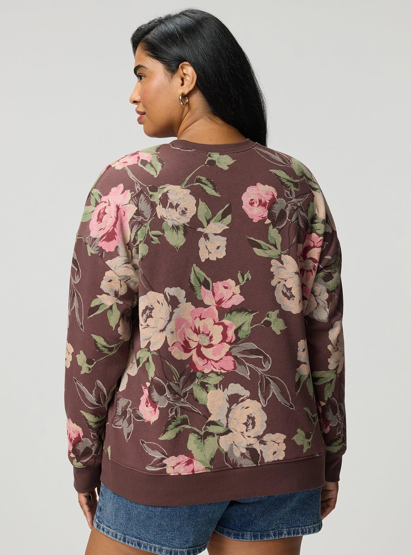 Cozy Fleece Crew Drop Shoulder Sweatshirt, PAINTED PEONY FLORAL BROWN, alternate