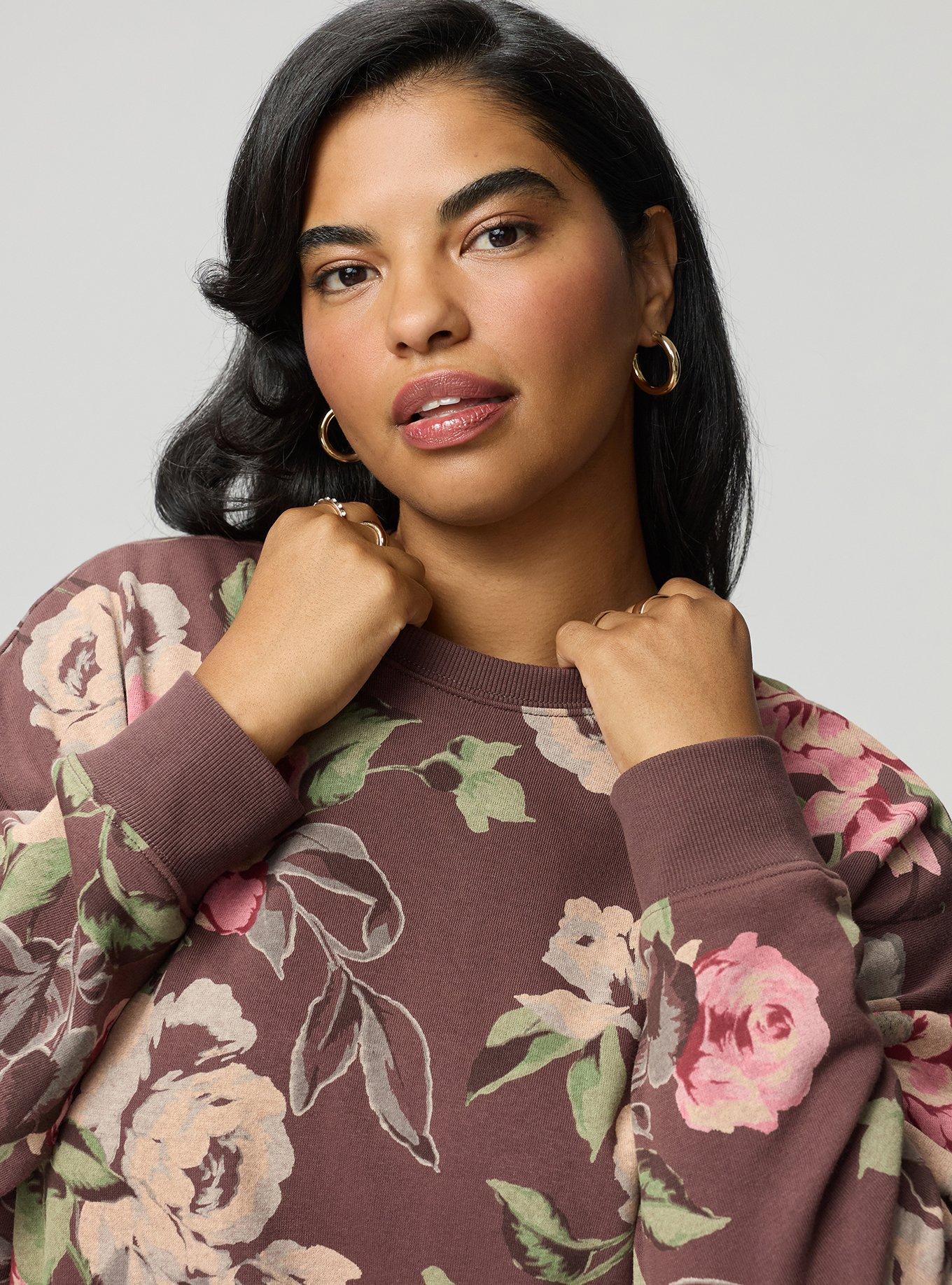 Cozy Fleece Crew Drop Shoulder Sweatshirt, PAINTED PEONY FLORAL BROWN, alternate