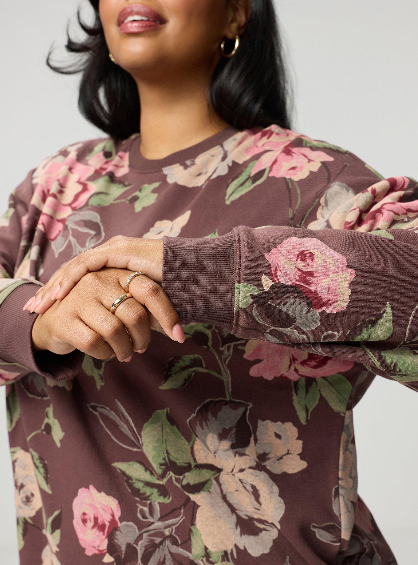 Cozy Fleece Crew Drop Shoulder Sweatshirt, PAINTED PEONY FLORAL BROWN, alternate