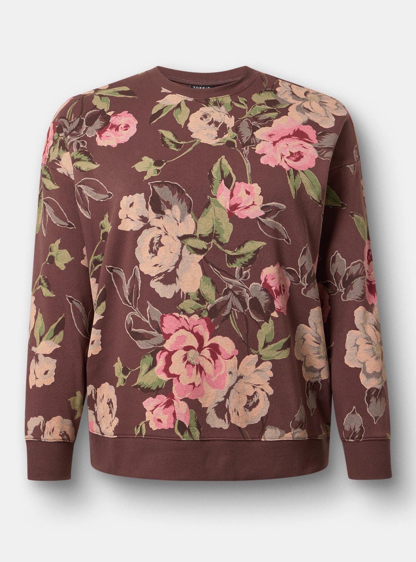 Cozy Fleece Crew Drop Shoulder Sweatshirt, PAINTED PEONY FLORAL BROWN, flat