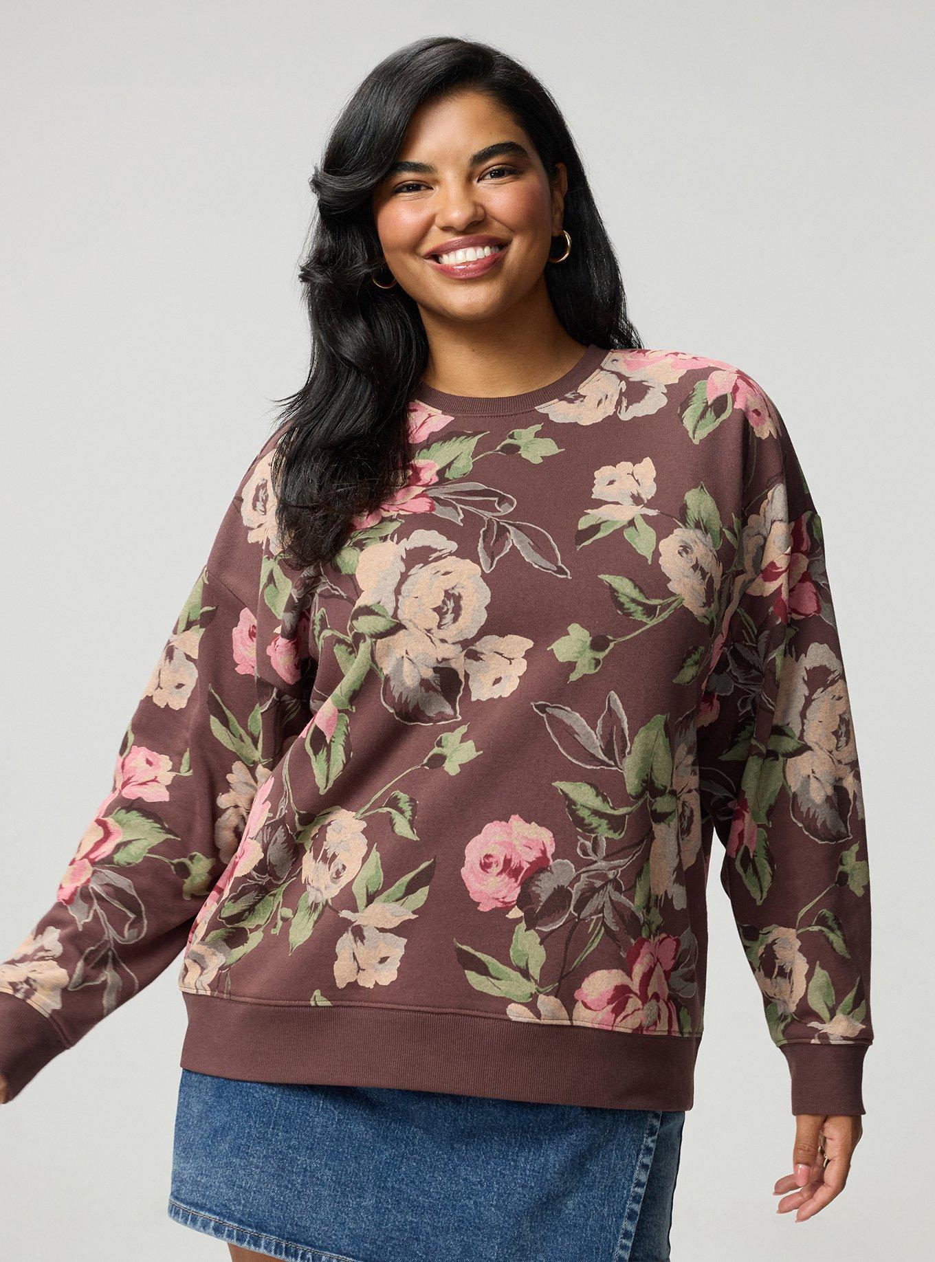 Cozy Fleece Crew Drop Shoulder Sweatshirt, PAINTED PEONY FLORAL BROWN, hi-res