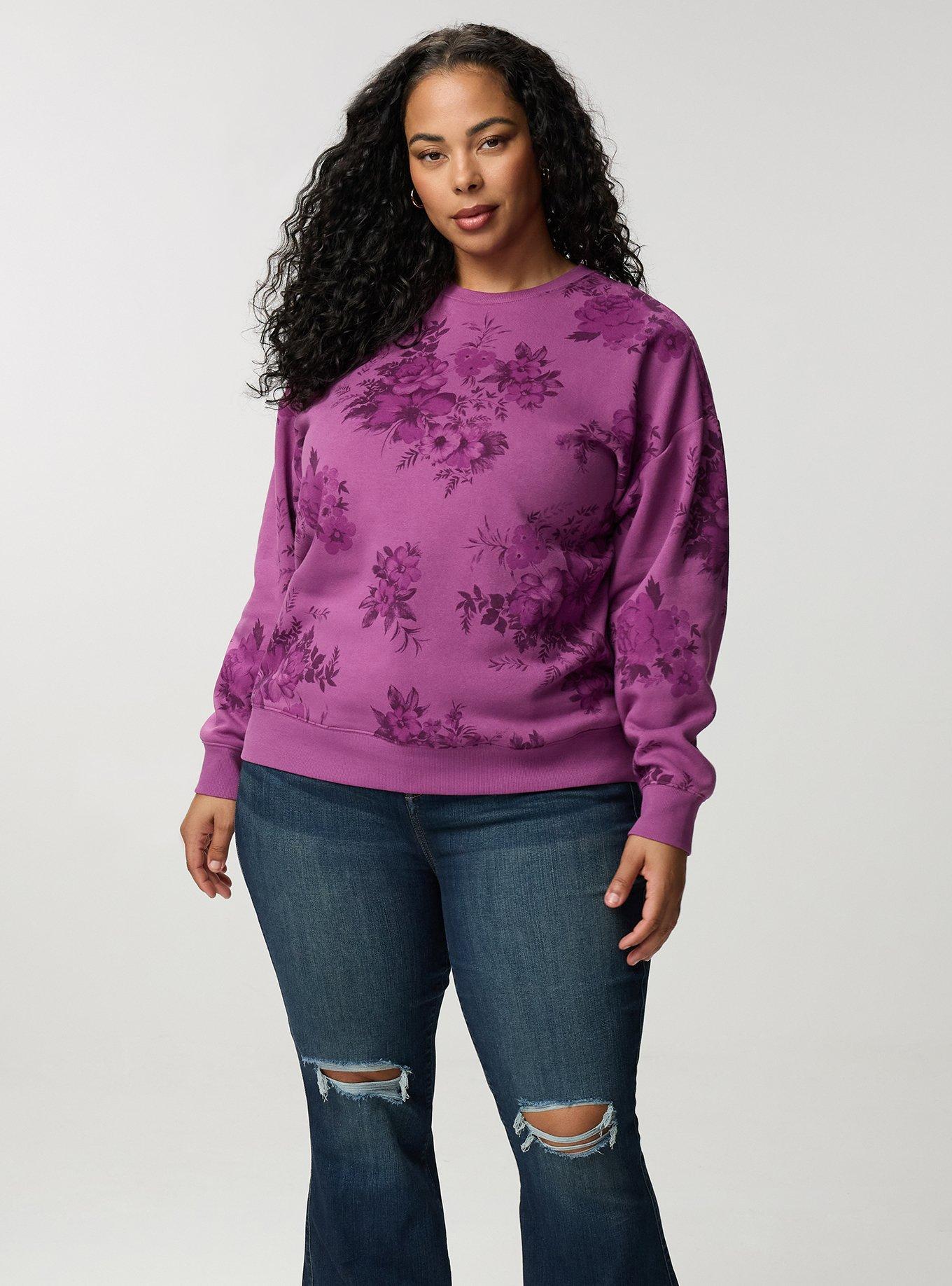 Cozy Fleece Crew Drop Shoulder Sweatshirt, JANICE FLORAL PLUM, alternate