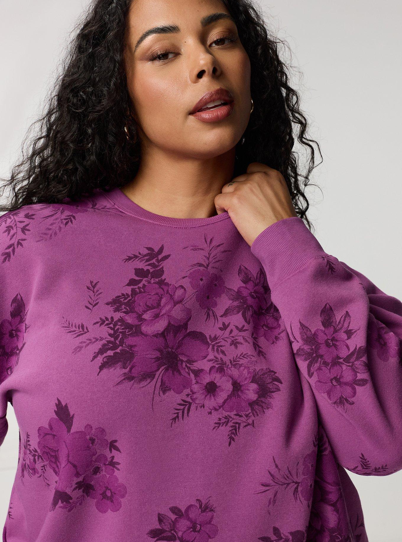 Cozy Fleece Crew Drop Shoulder Sweatshirt, JANICE FLORAL PLUM, alternate