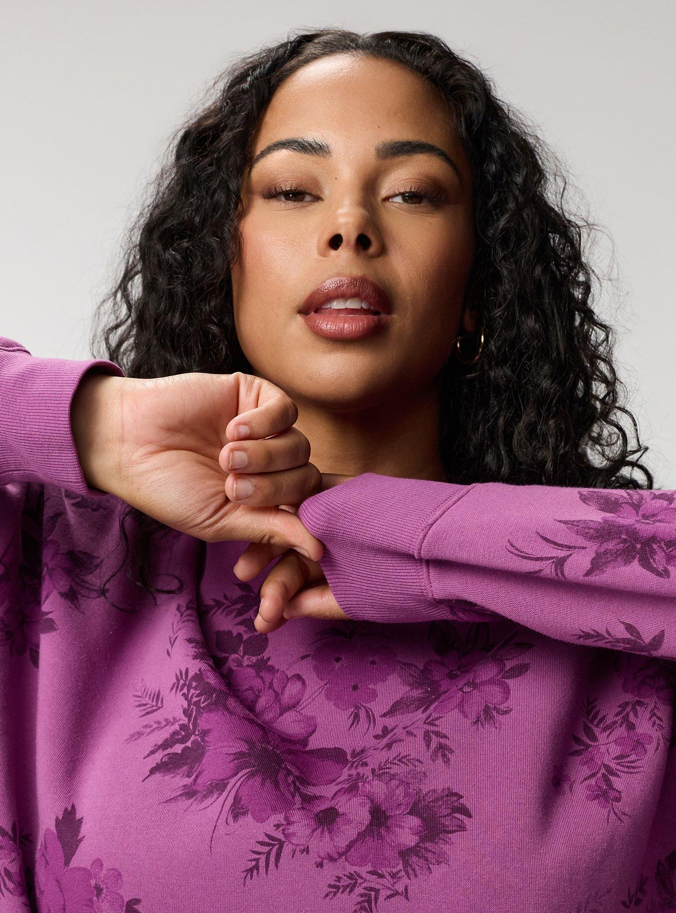Cozy Fleece Crew Drop Shoulder Sweatshirt, JANICE FLORAL PLUM, alternate