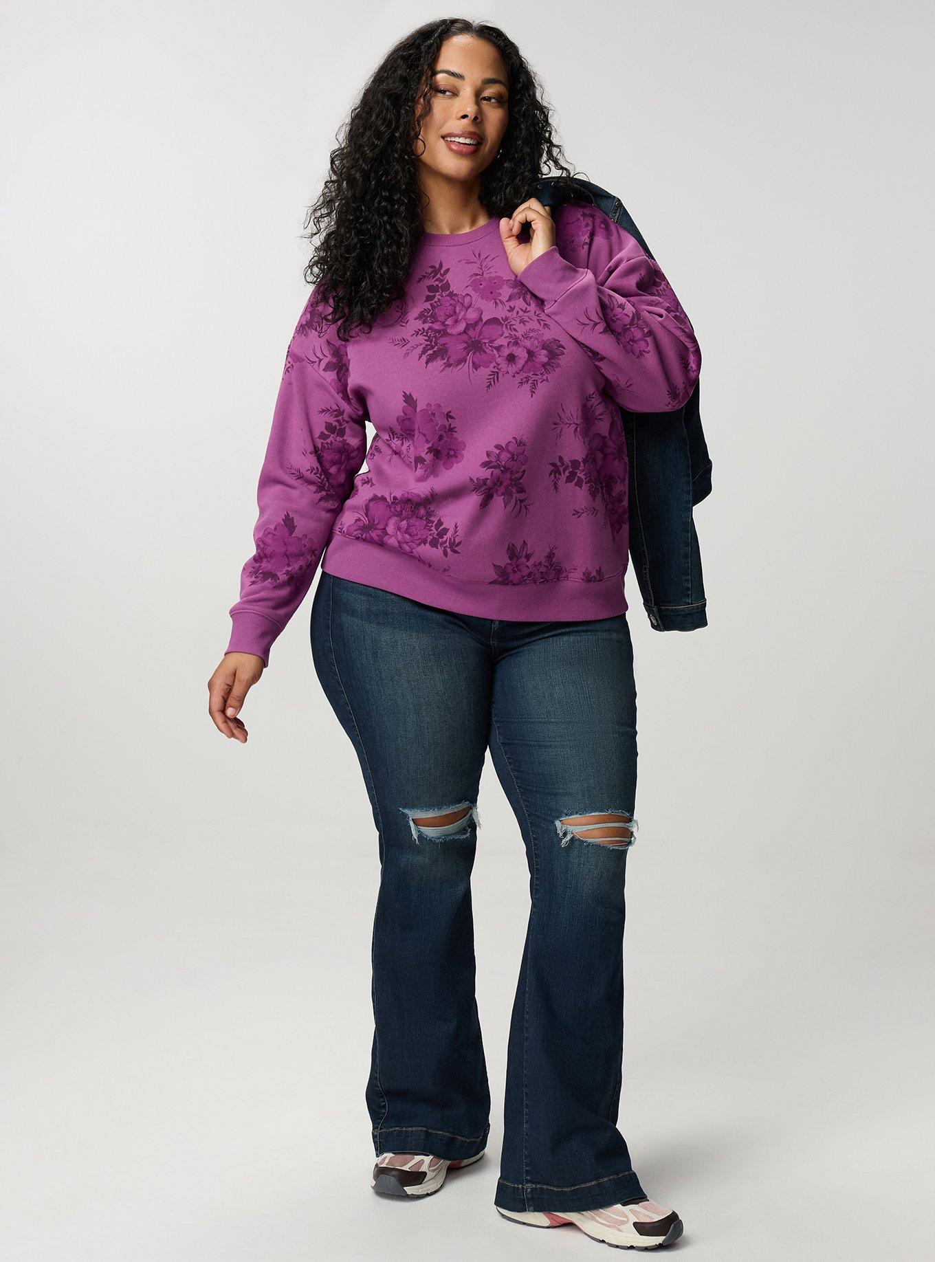 Cozy Fleece Crew Drop Shoulder Sweatshirt, JANICE FLORAL PLUM, alternate