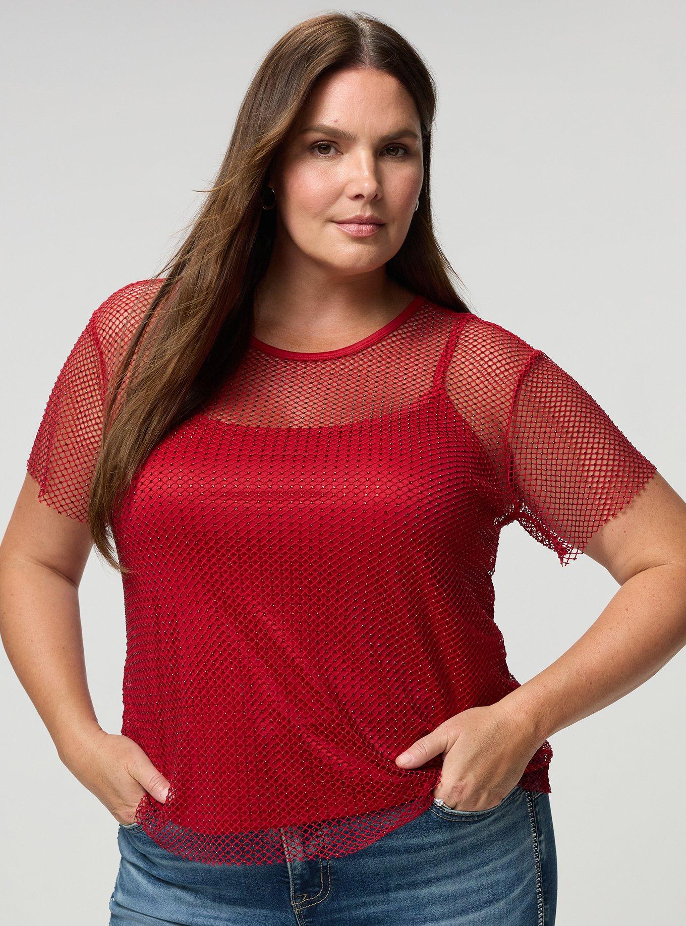 Bedazzled Mesh Boxy Crop Top, JESTER RED, hi-res