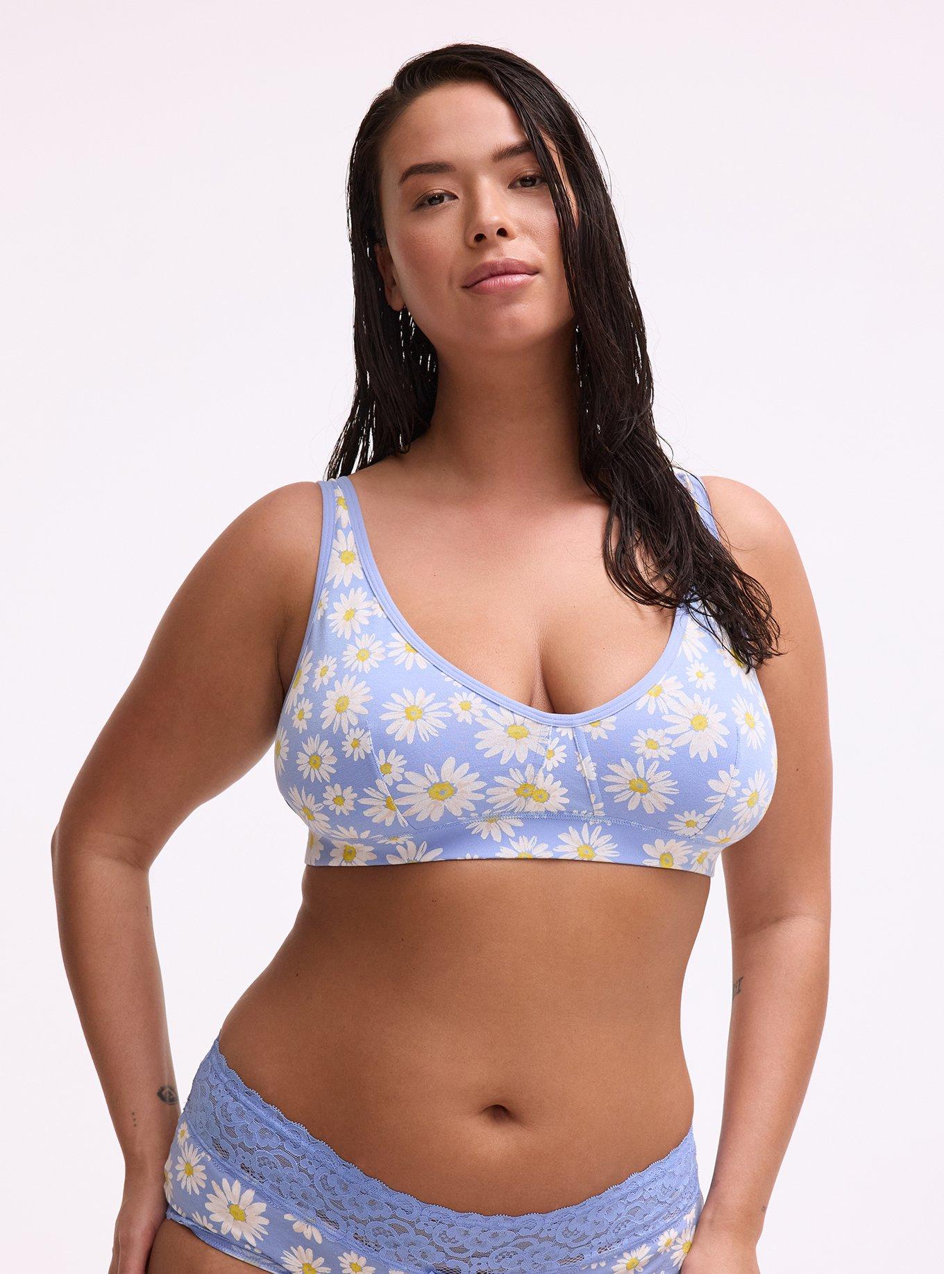 Unlined Cotton High Apex Bralette, SPRINKLED DAISIES FLORAL BLUE, hi-res