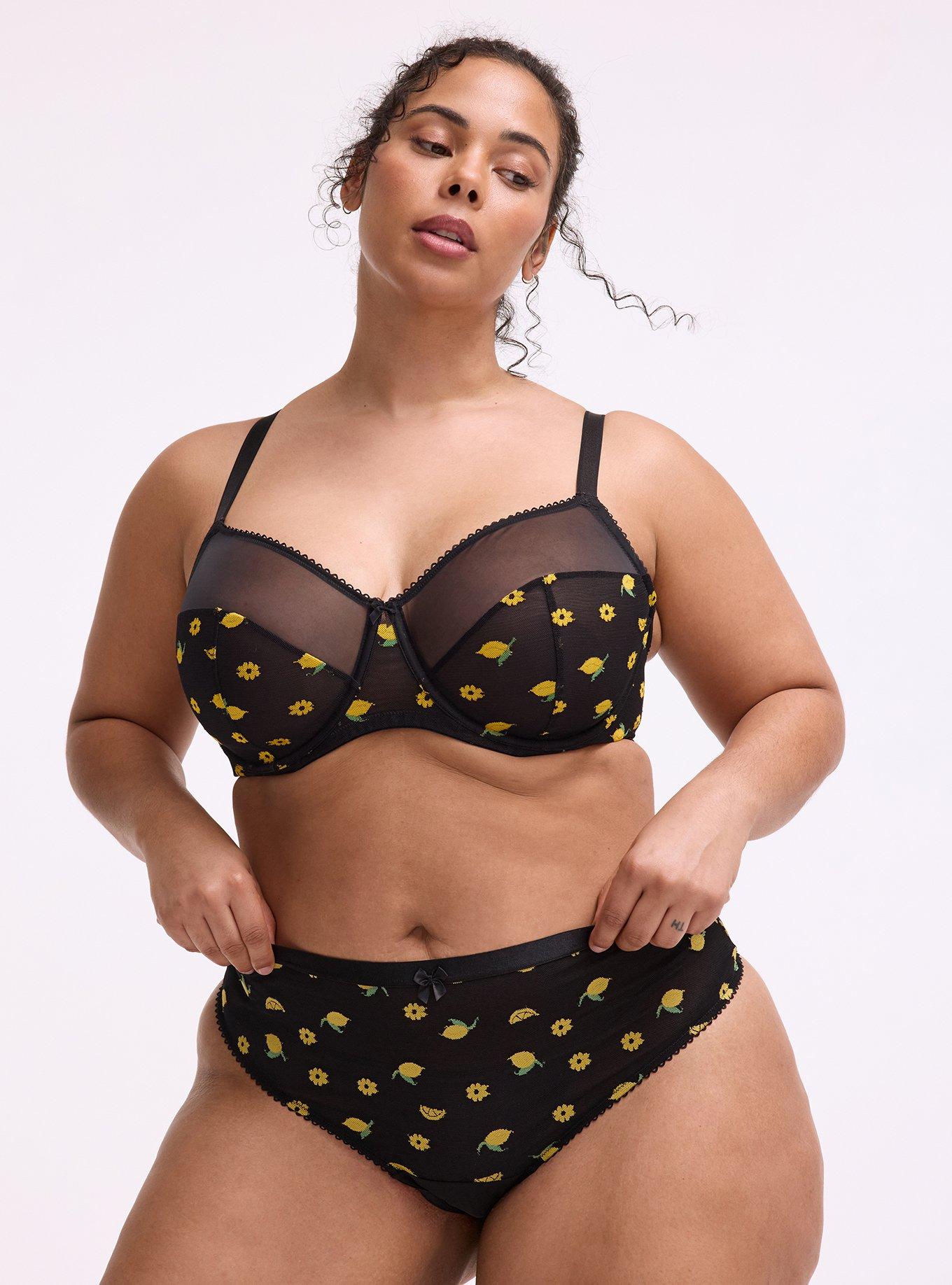 Mesh Mid-Rise Embroidered Thong Panty, LEMONS FAUX EMBROIDERY BLACK, hi-res