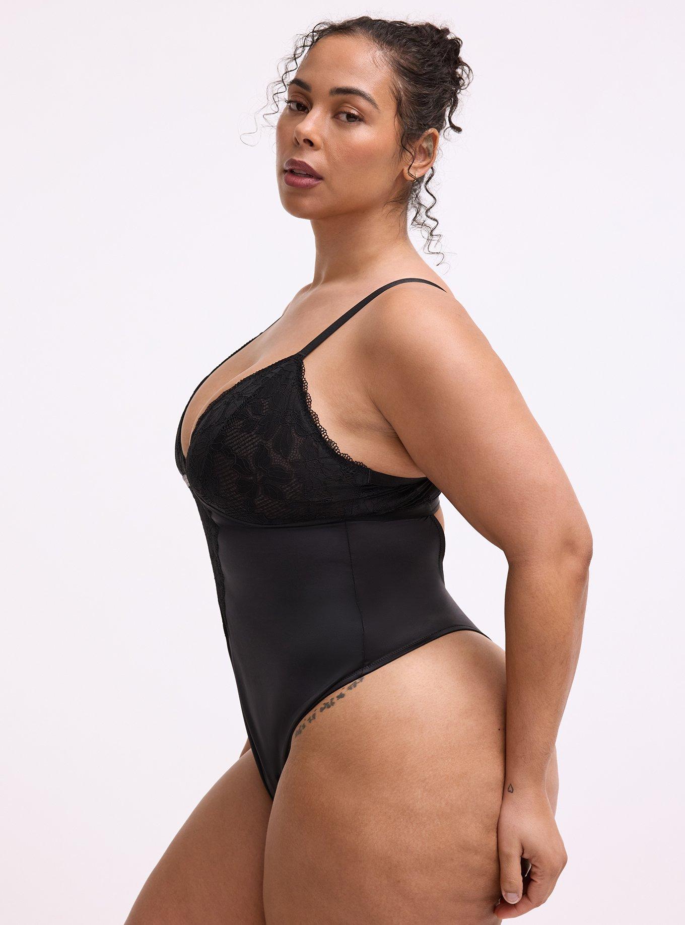 Ava Lace & Shine Thong Bodysuit, RICH BLACK, alternate