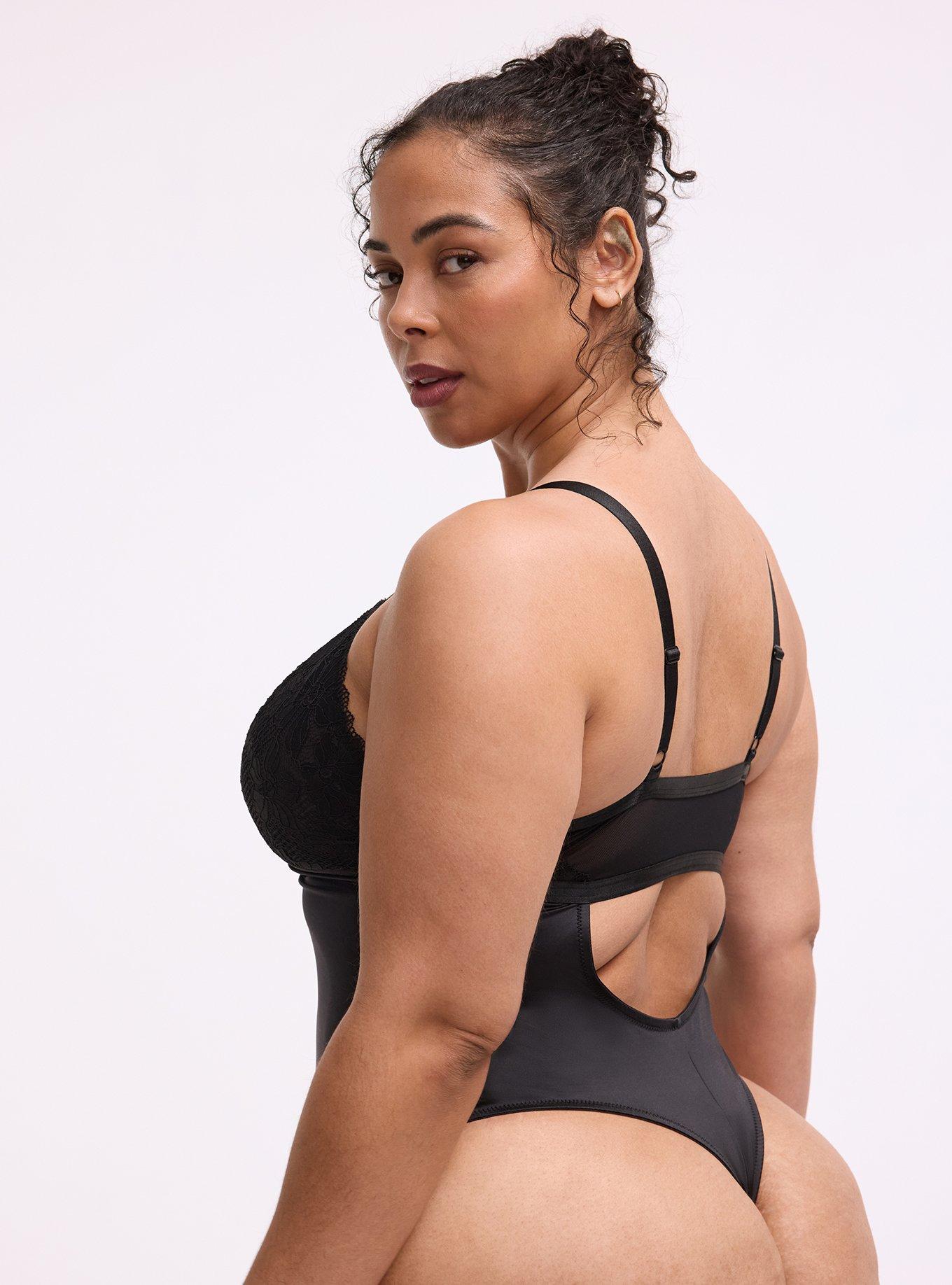 Ava Lace & Shine Thong Bodysuit, RICH BLACK, alternate