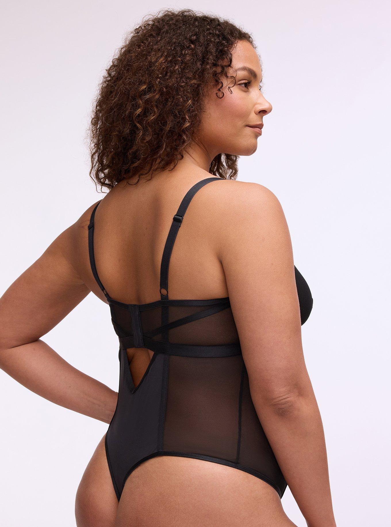 Mesh & Shine Wire-Free Strappy Thong Bodysuit, RICH BLACK, alternate