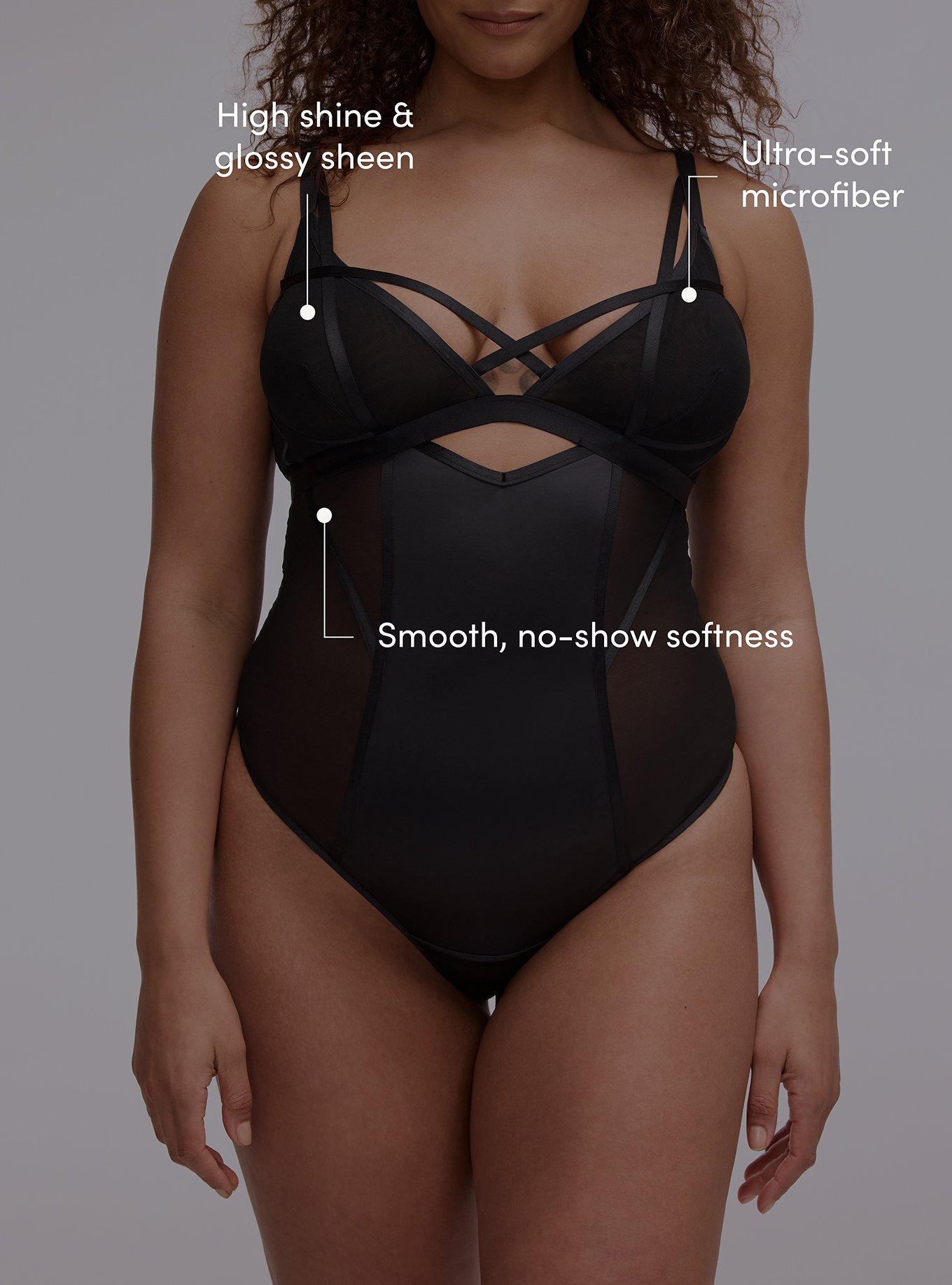 Mesh & Shine Wire-Free Strappy Thong Bodysuit, RICH BLACK, alternate