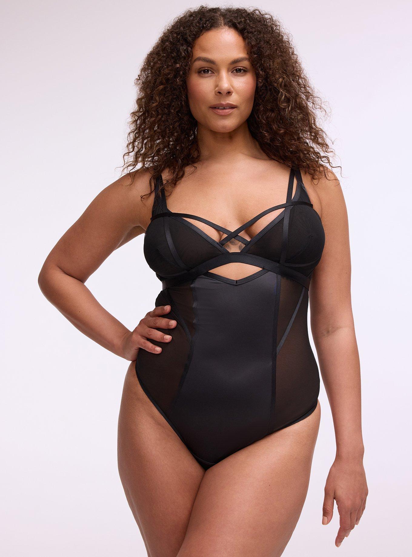Mesh & Shine Wire-Free Strappy Thong Bodysuit, RICH BLACK, hi-res