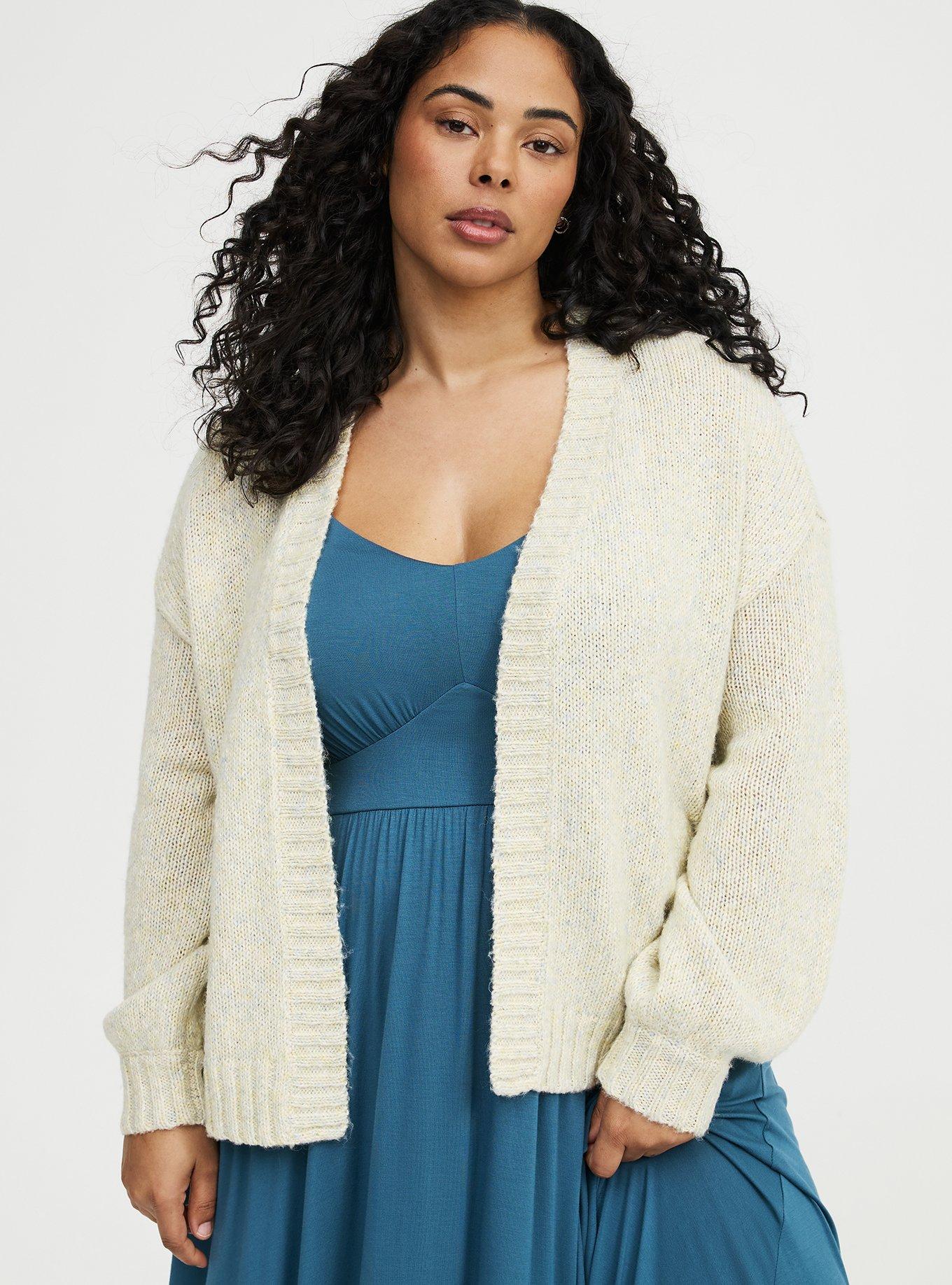 Plus Size Open-Front Cardigan, CREAM BLUE SPECKLED HEATHER, hi-res