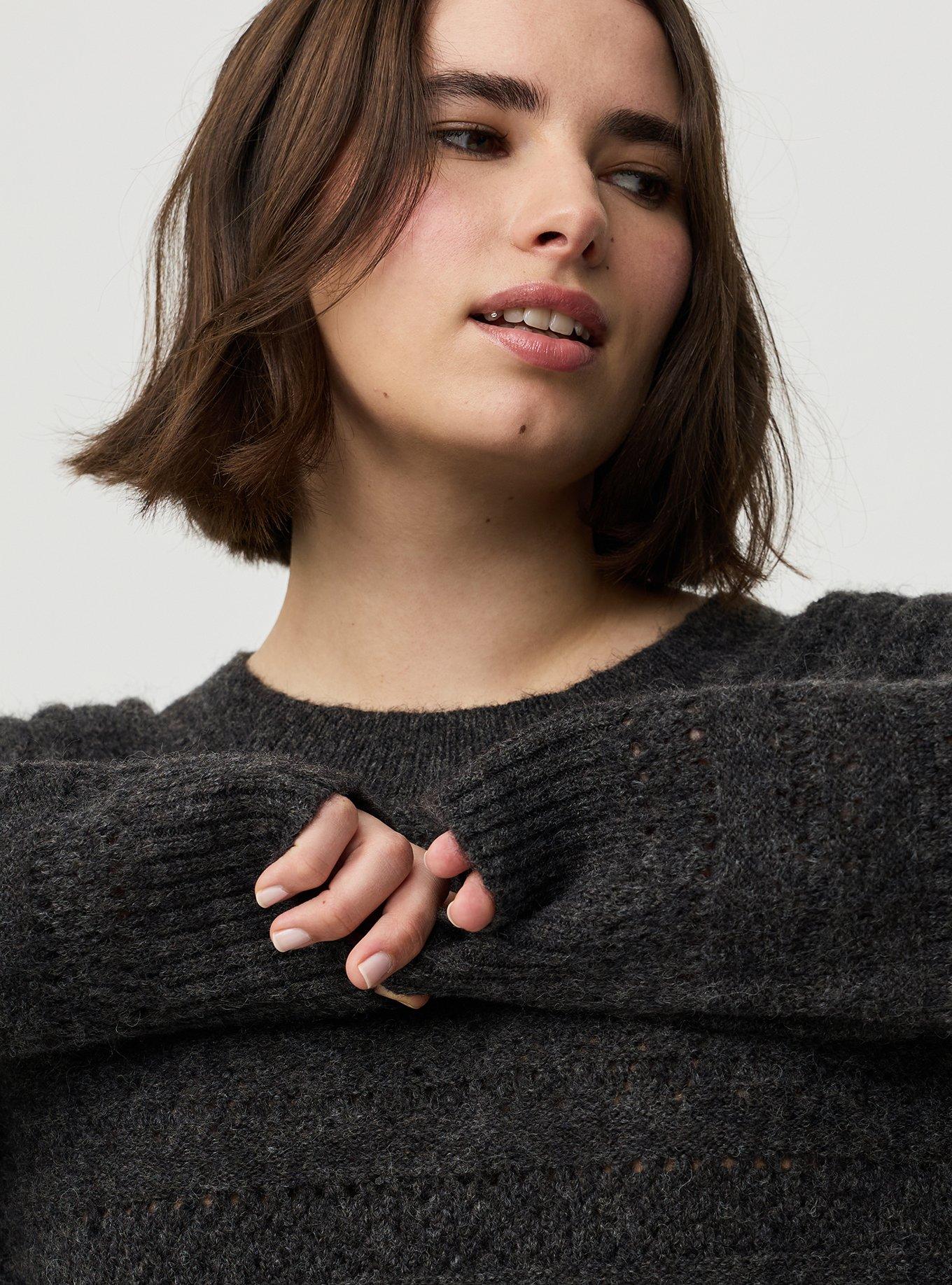 Pointelle Crew Pullover Sweater, CHARCOAL HEATHER, alternate