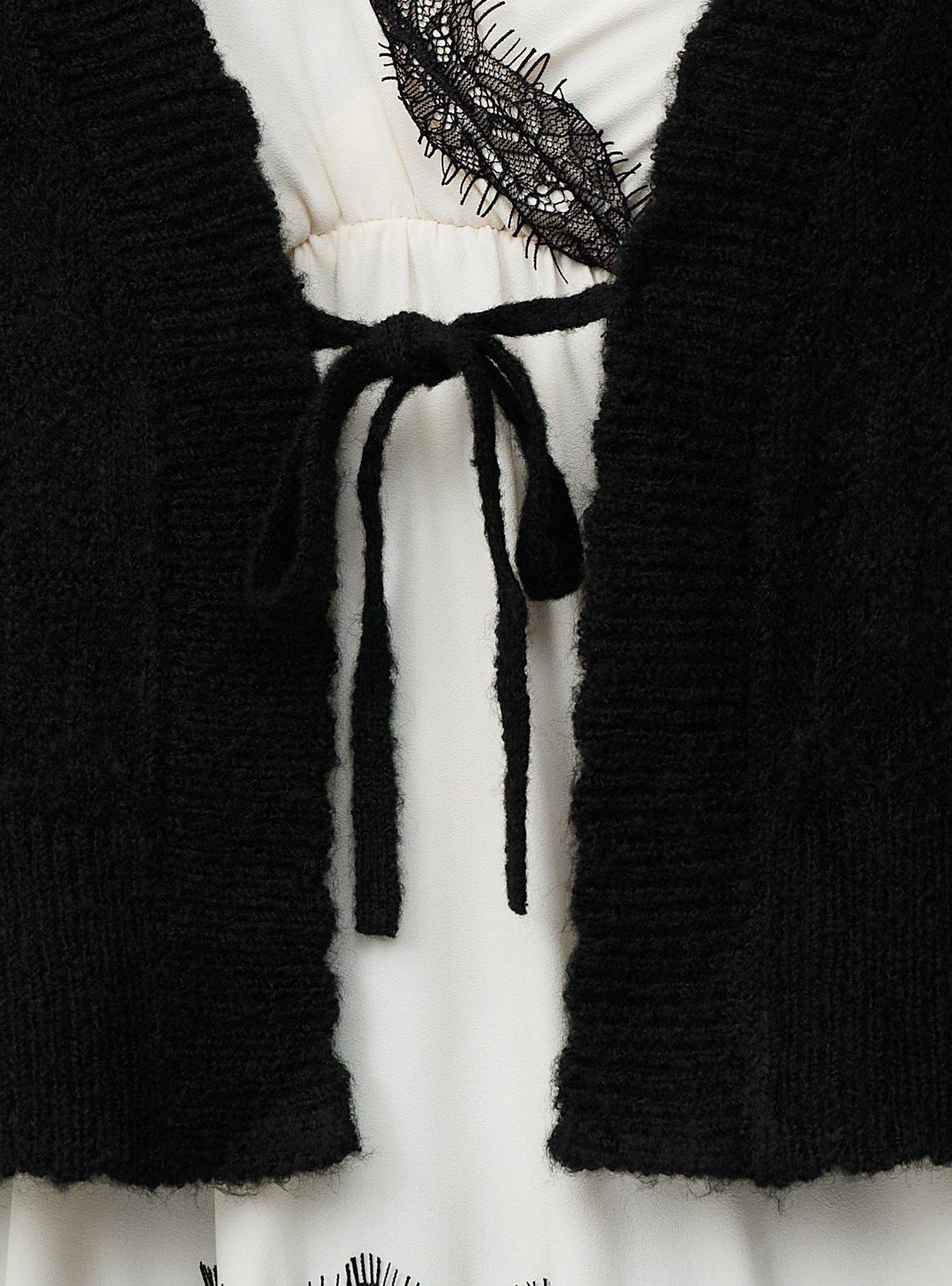 Vegan Cashmere Tie-Front Shrug, DEEP BLACK, alternate