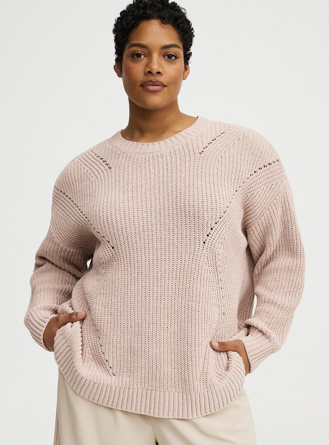 Plus Size Chenille Shaker Stitch Pullover Sweater, MUSHROOM, hi-res