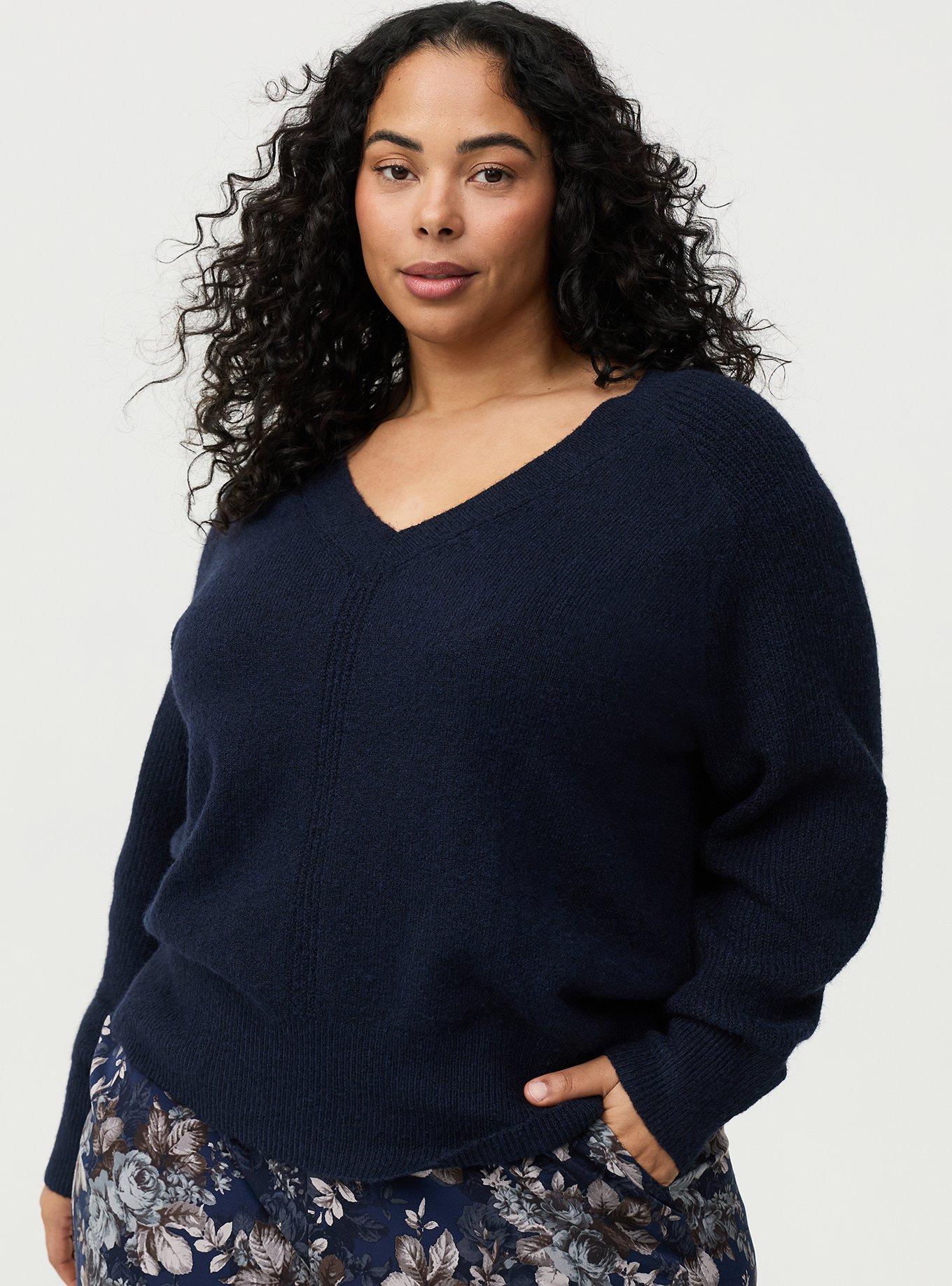 Plus Size Vegan Cashmere V-Neck Pullover Sweater, PEACOAT VEGAN CASHMERE, hi-res