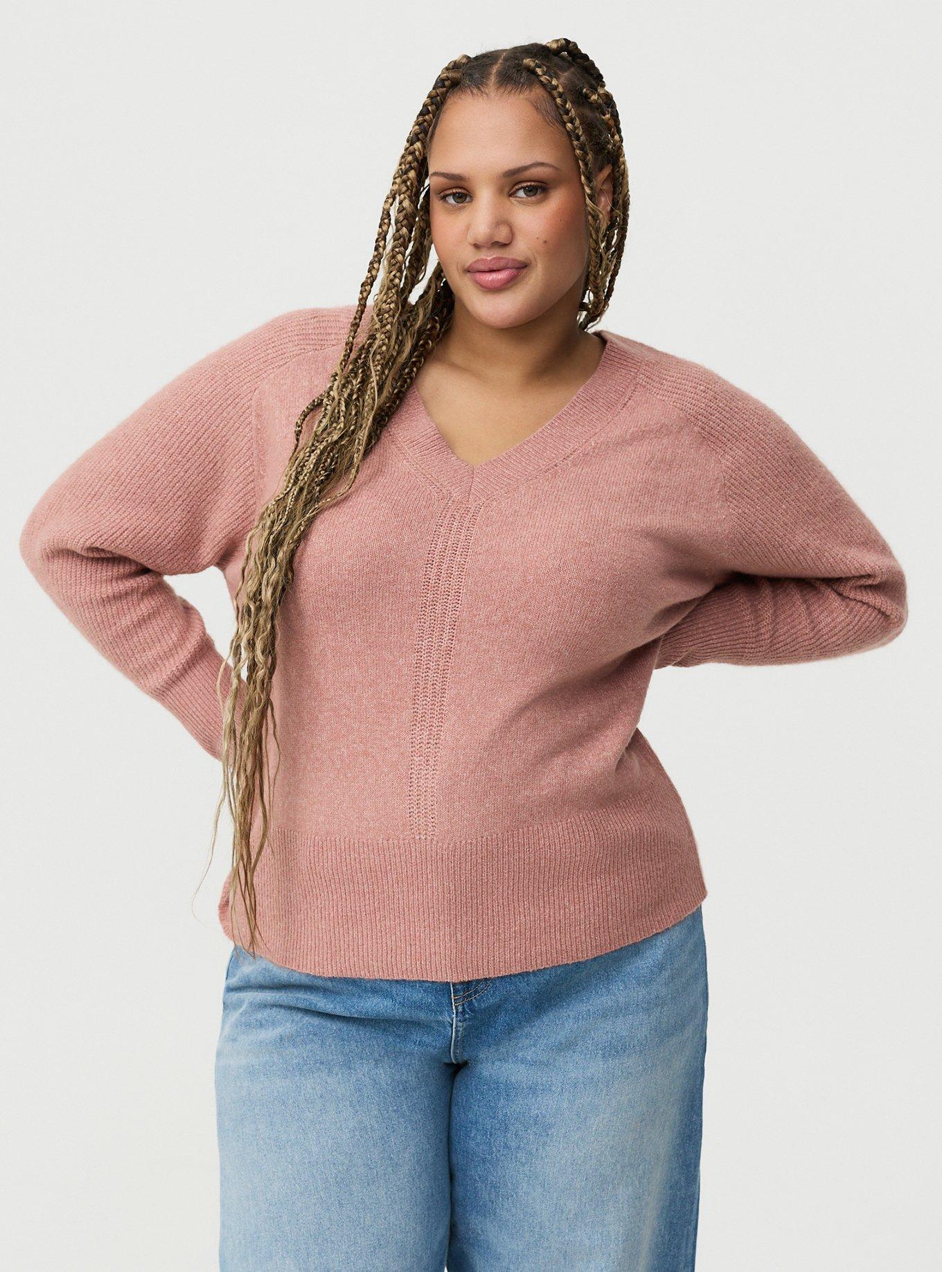 Plus Size Vegan Cashmere V-Neck Pullover Sweater, BLUSH PINK VEGAN CASHMERE, hi-res