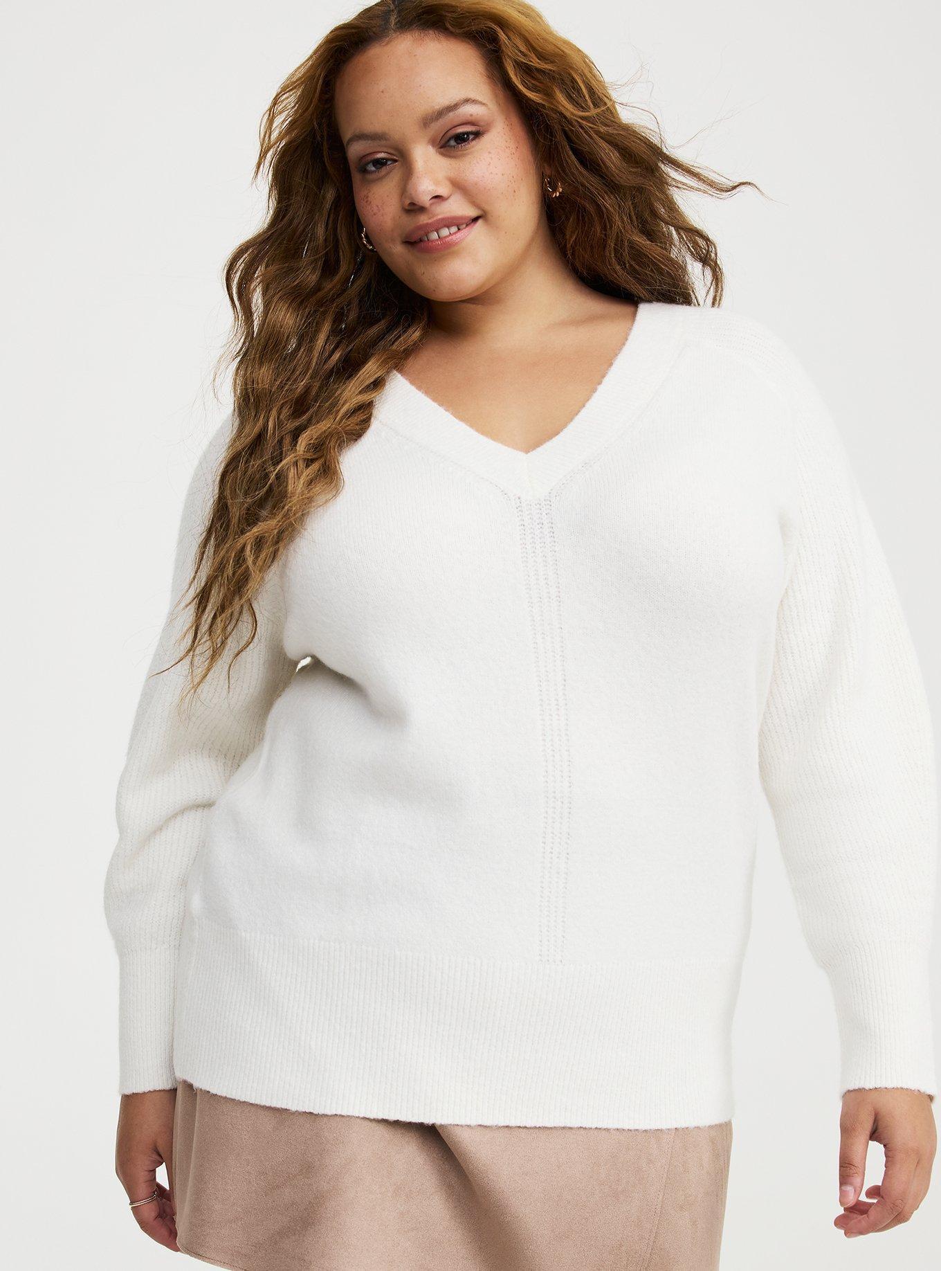 Plus Size Vegan Cashmere V-Neck Pullover Sweater, WHISPER WHITE VEGAN CASHMERE, hi-res
