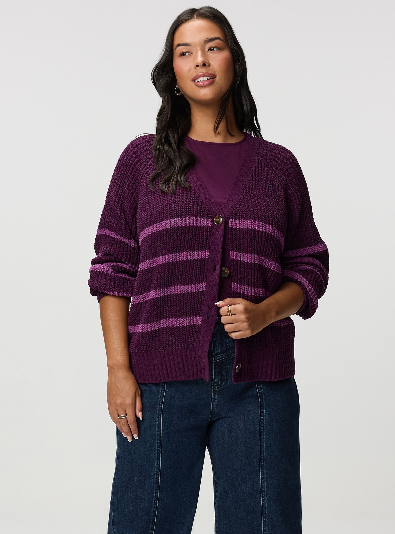 Chenille V-Neck Cardigan, WINTER BLOOM AMETHYST STRIPES, alternate