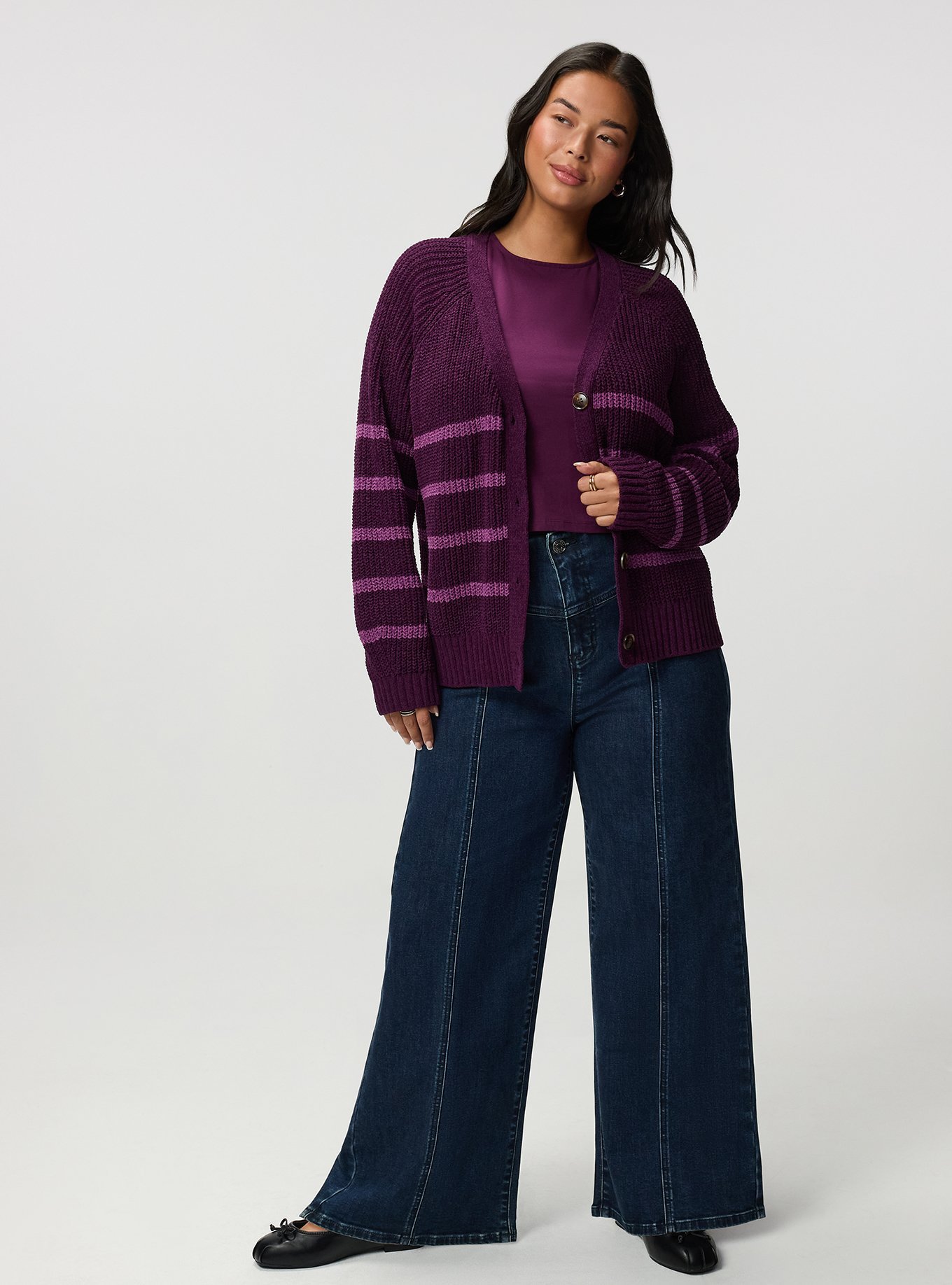 Chenille V-Neck Cardigan, WINTER BLOOM AMETHYST STRIPES, alternate