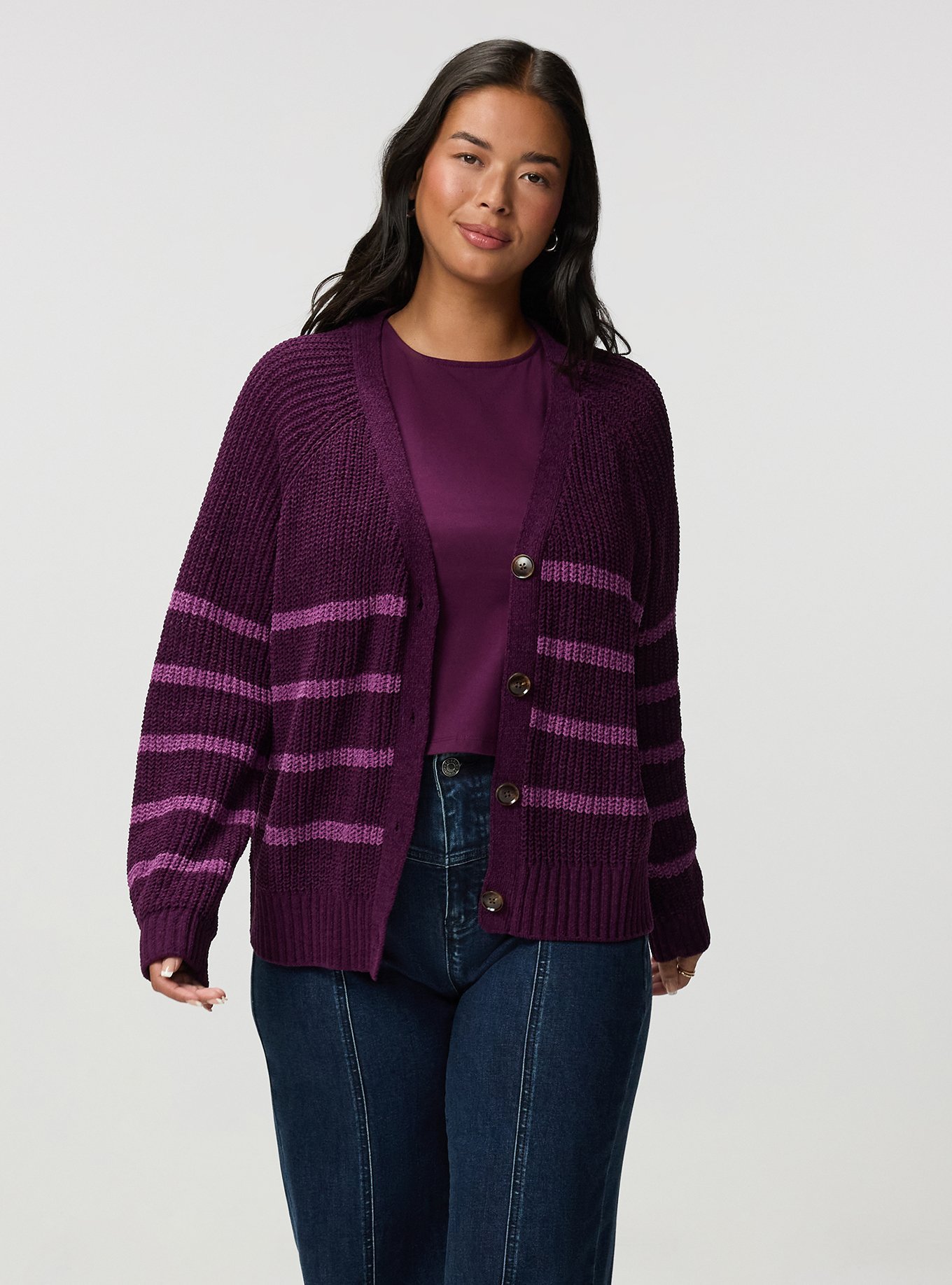 Chenille V-Neck Cardigan, WINTER BLOOM AMETHYST STRIPES, alternate