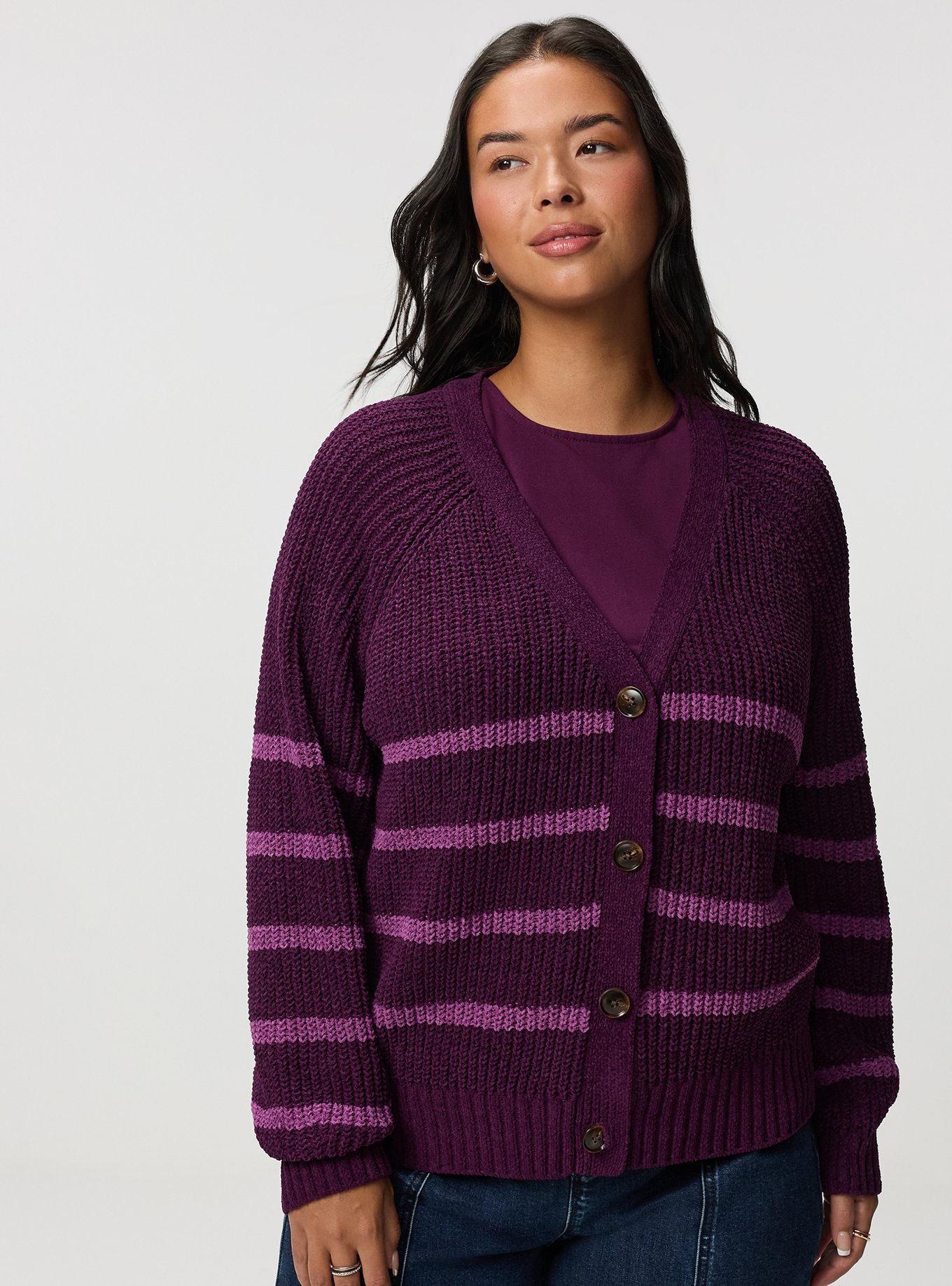 Chenille V-Neck Cardigan, WINTER BLOOM AMETHYST STRIPES, hi-res