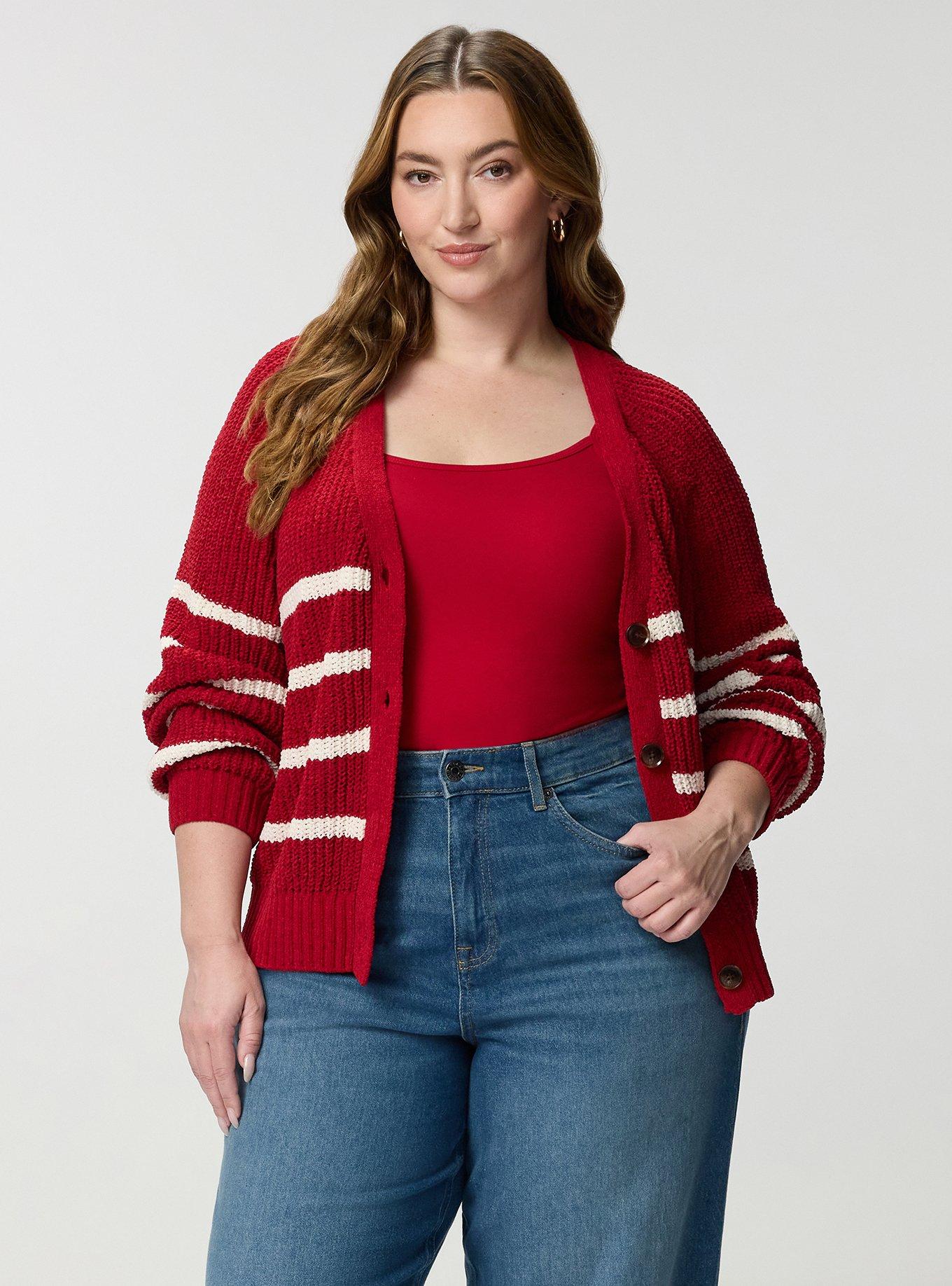 Chenille V-Neck Cardigan, JESTER RED WHISPER WHITE STRIPES, alternate
