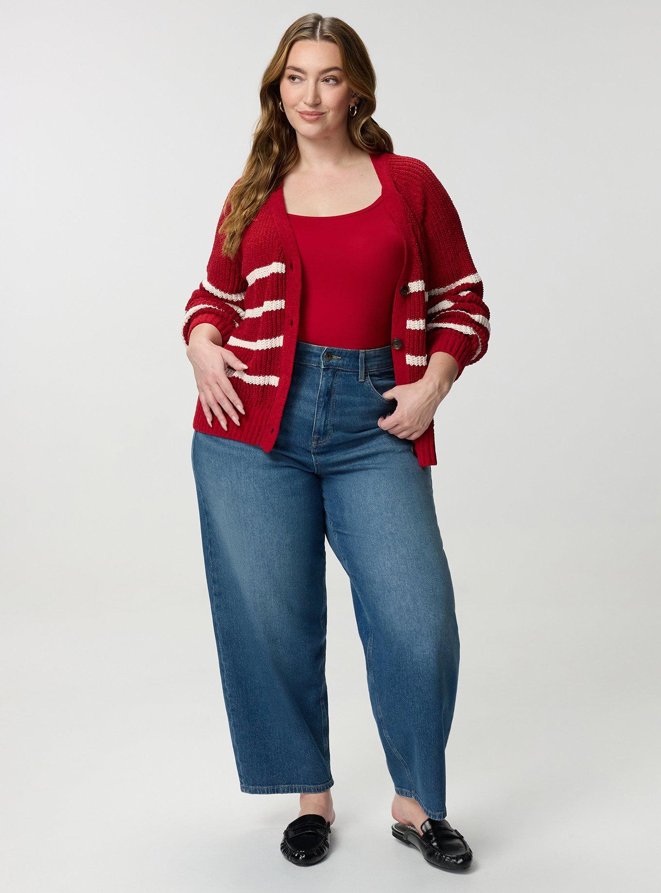Chenille V-Neck Cardigan, JESTER RED WHISPER WHITE STRIPES, alternate