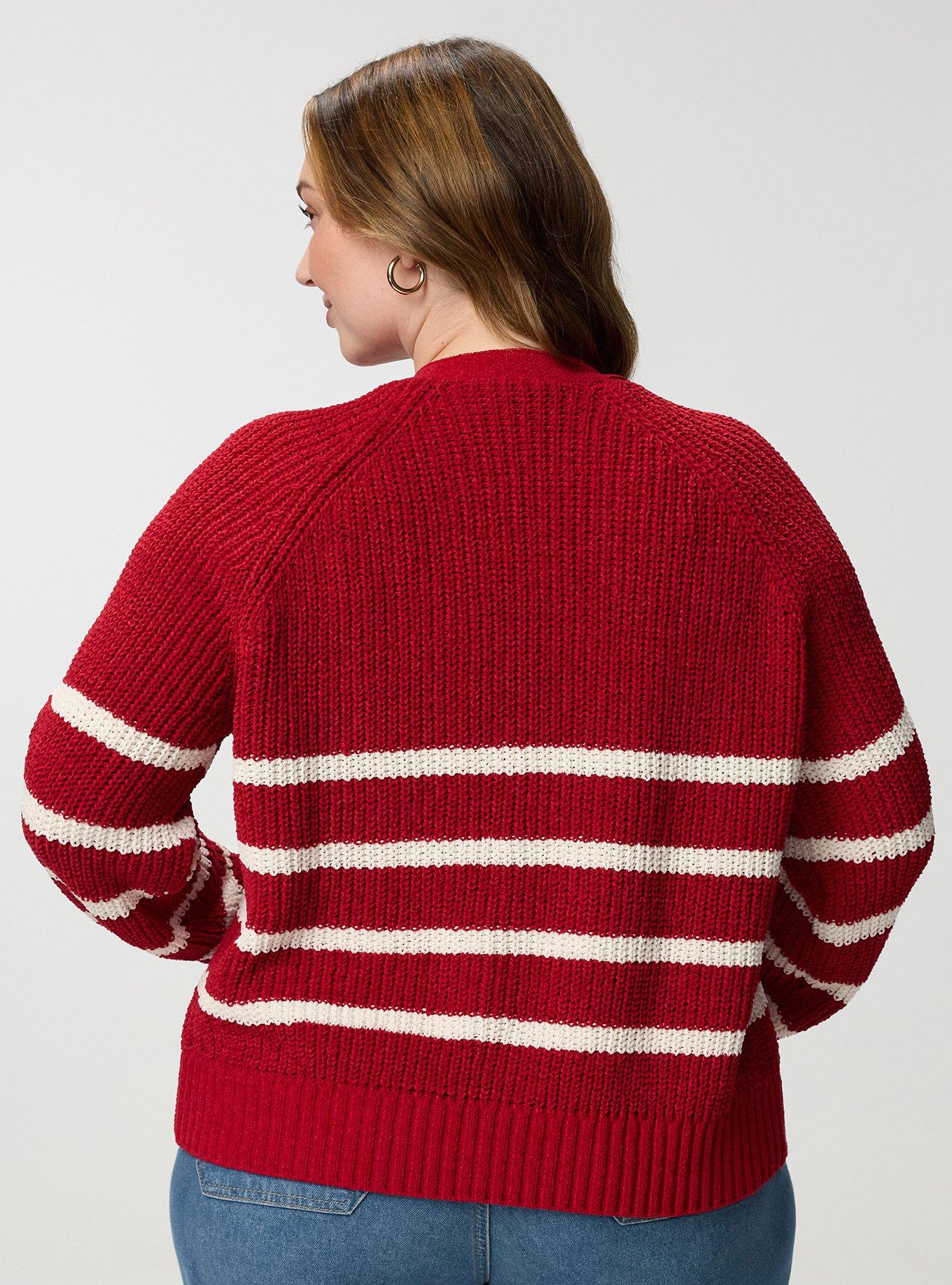 Chenille V-Neck Cardigan, JESTER RED WHISPER WHITE STRIPES, alternate
