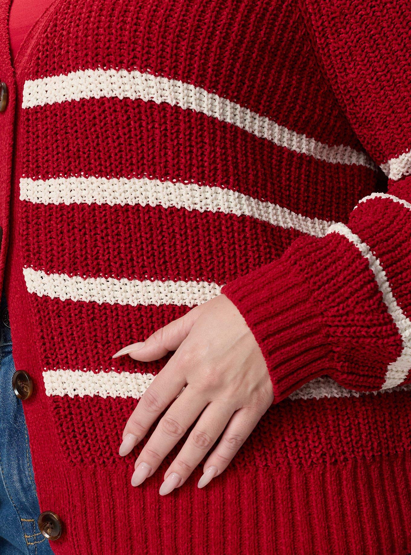 Chenille V-Neck Cardigan, JESTER RED WHISPER WHITE STRIPES, alternate