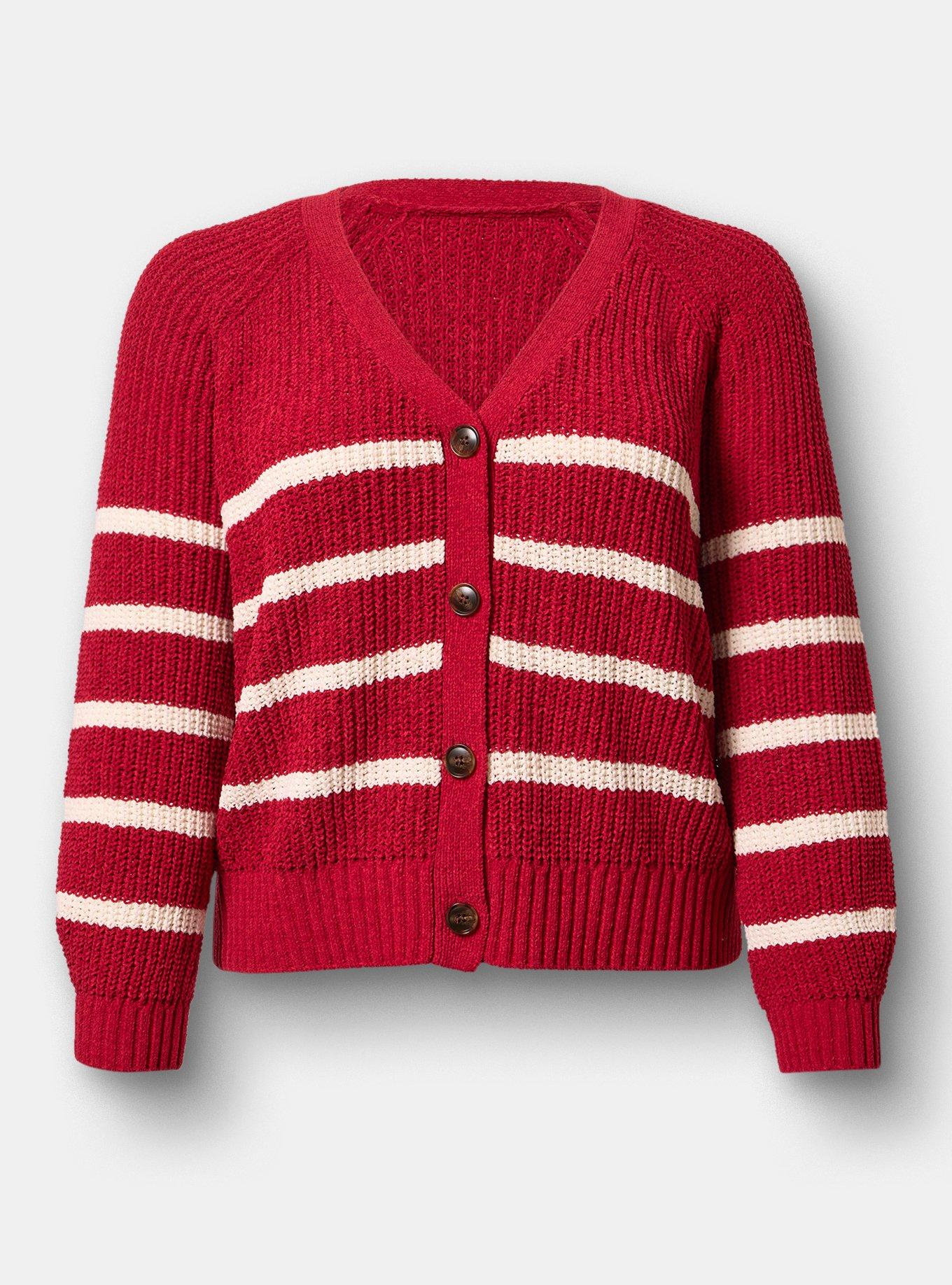 Chenille V-Neck Cardigan, JESTER RED WHISPER WHITE STRIPES, flat