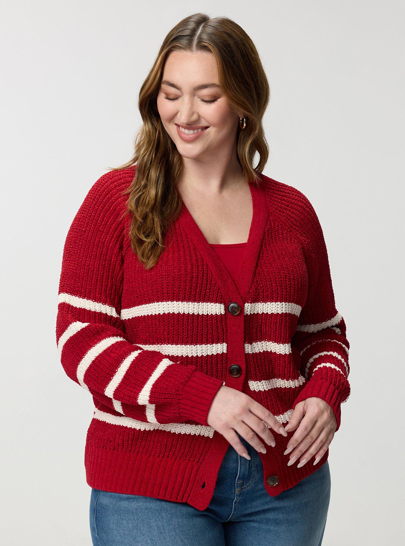 Chenille V-Neck Cardigan, JESTER RED WHISPER WHITE STRIPES, hi-res