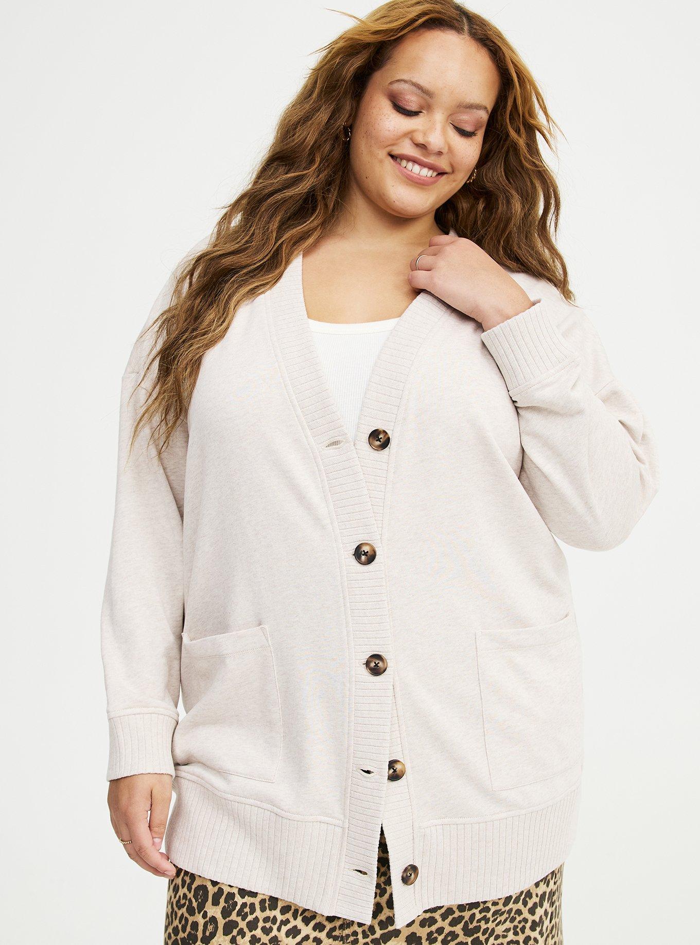 French Terry Boyfriend Cardigan, OATMEAL HEATHER, alternate