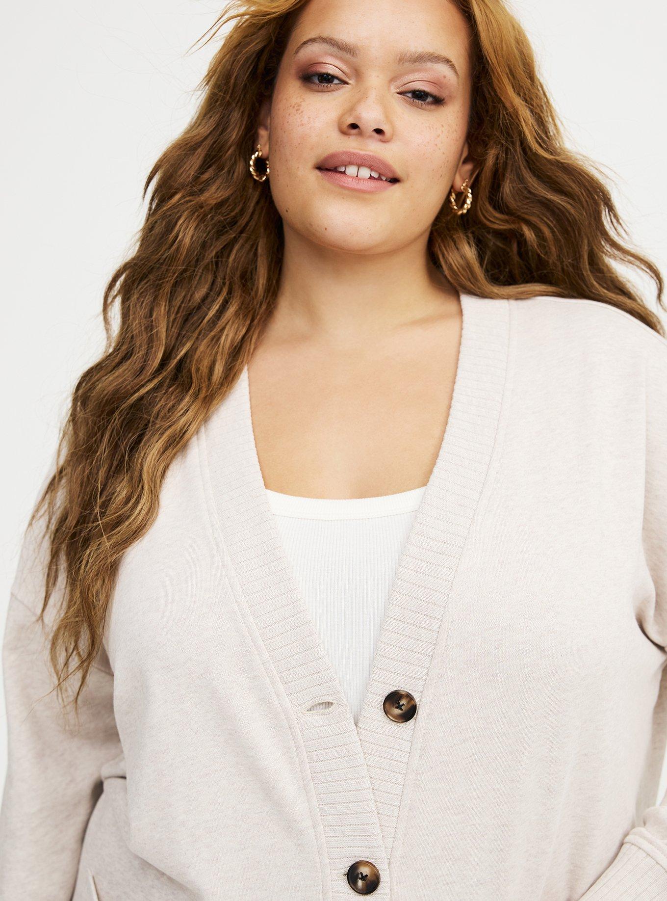 French Terry Boyfriend Cardigan, OATMEAL HEATHER, alternate