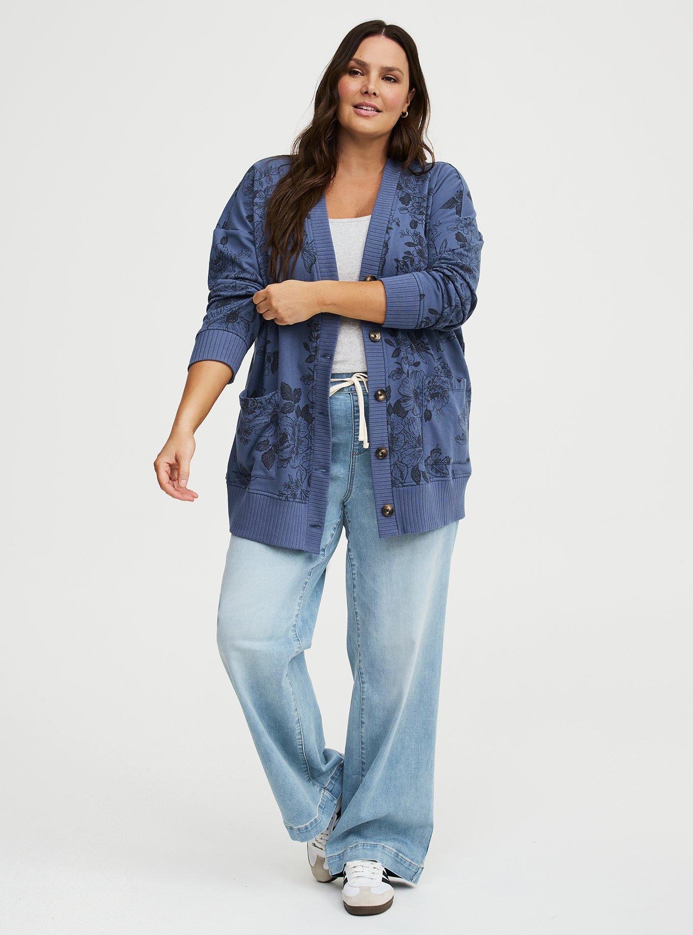 French Terry Boyfriend Cardigan, STAMPED FLORAL NAVY, alternate