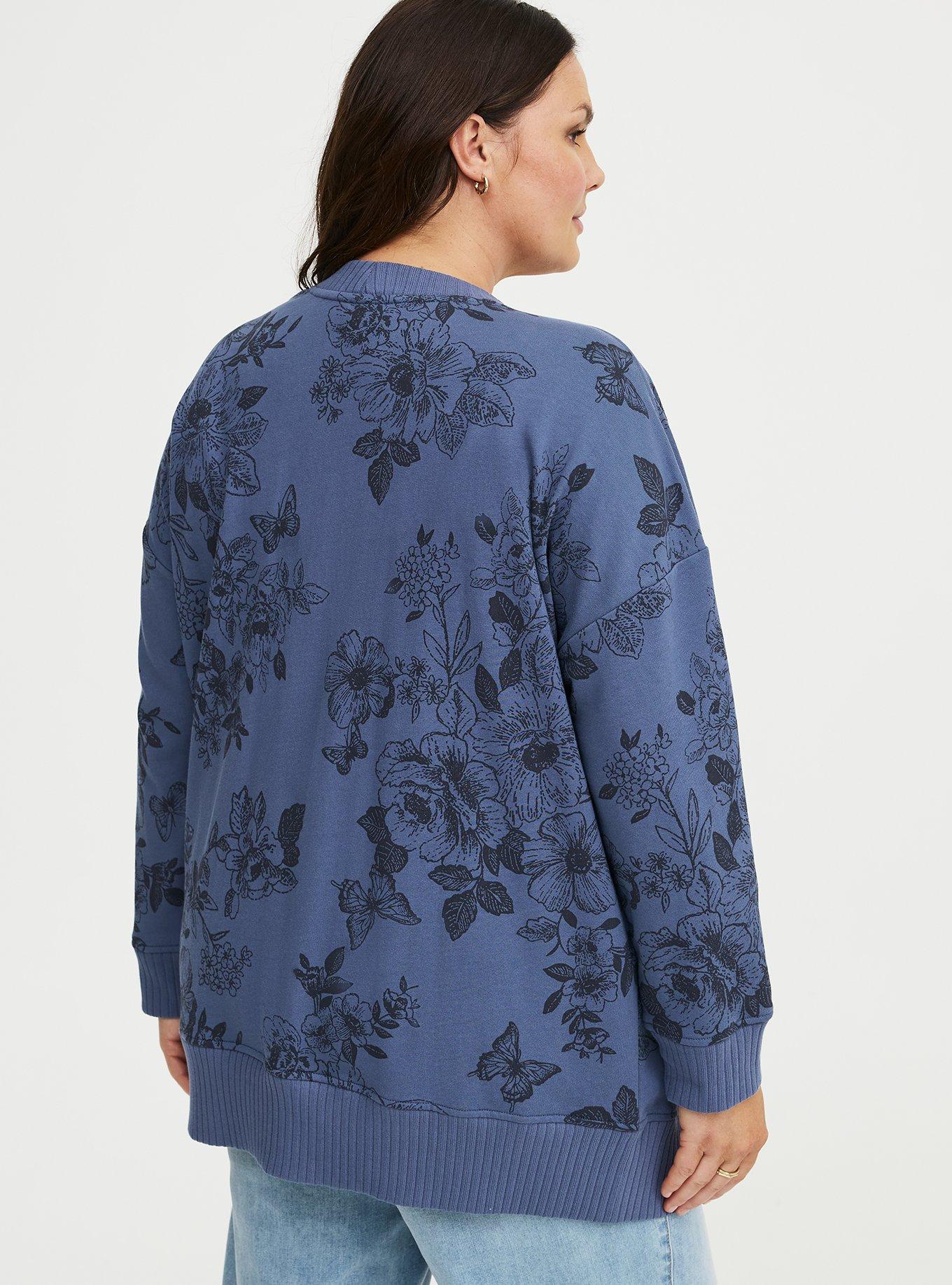 French Terry Boyfriend Cardigan, STAMPED FLORAL NAVY, alternate