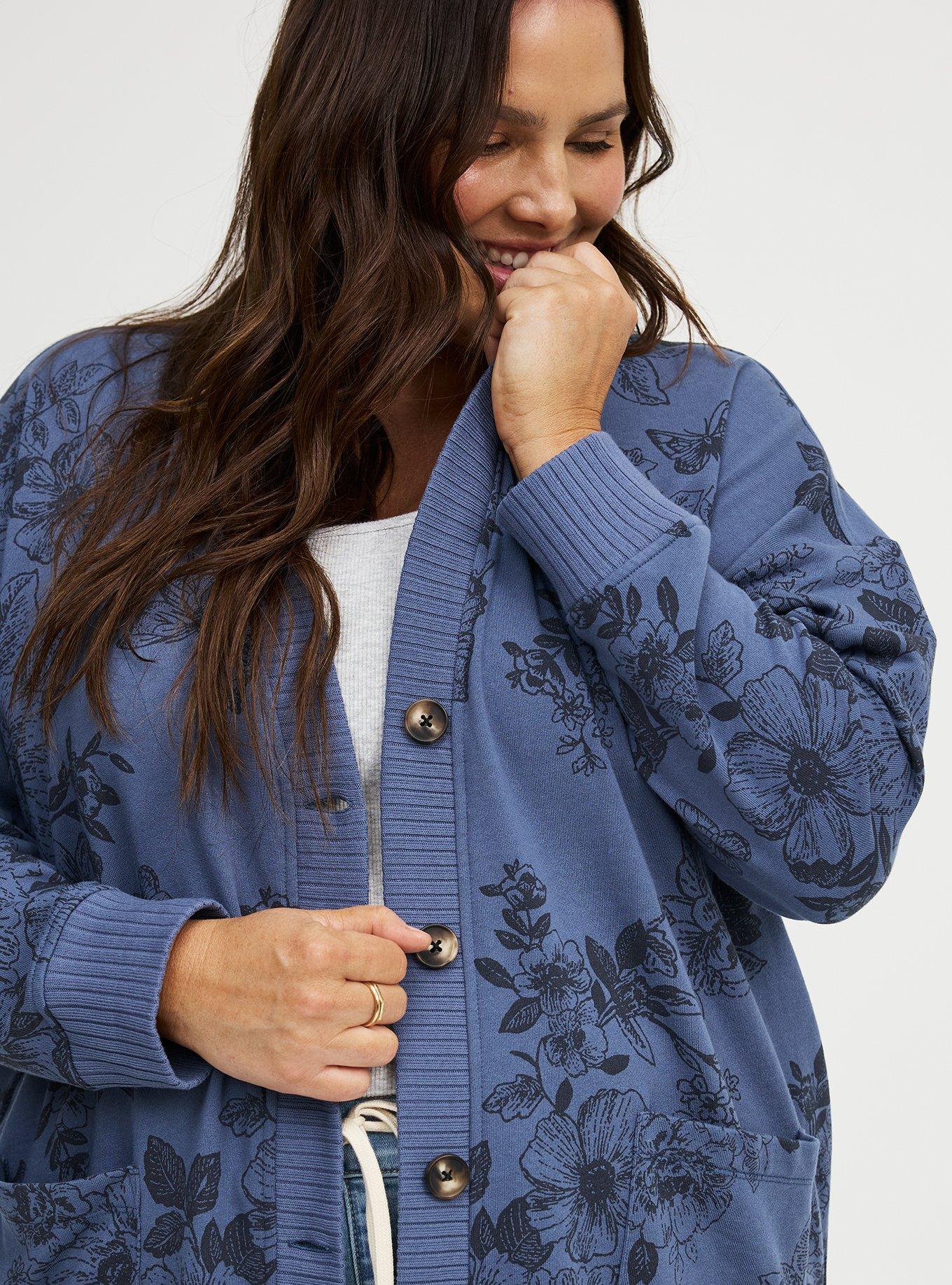 French Terry Boyfriend Cardigan, STAMPED FLORAL NAVY, alternate