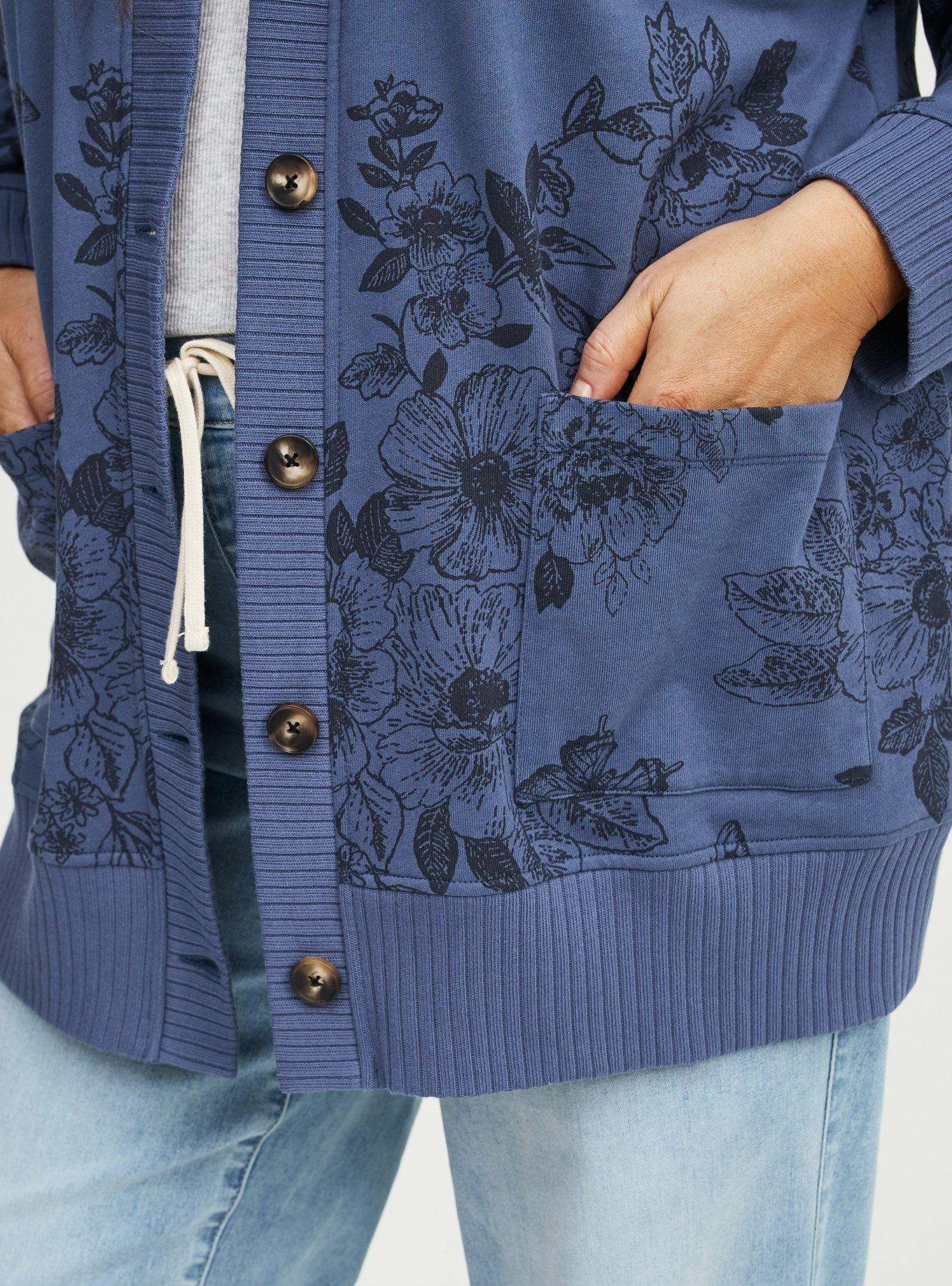 French Terry Boyfriend Cardigan, STAMPED FLORAL NAVY, alternate