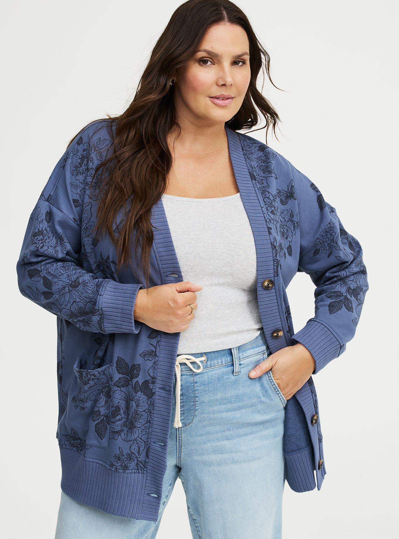 French Terry Boyfriend Cardigan, STAMPED FLORAL NAVY, hi-res