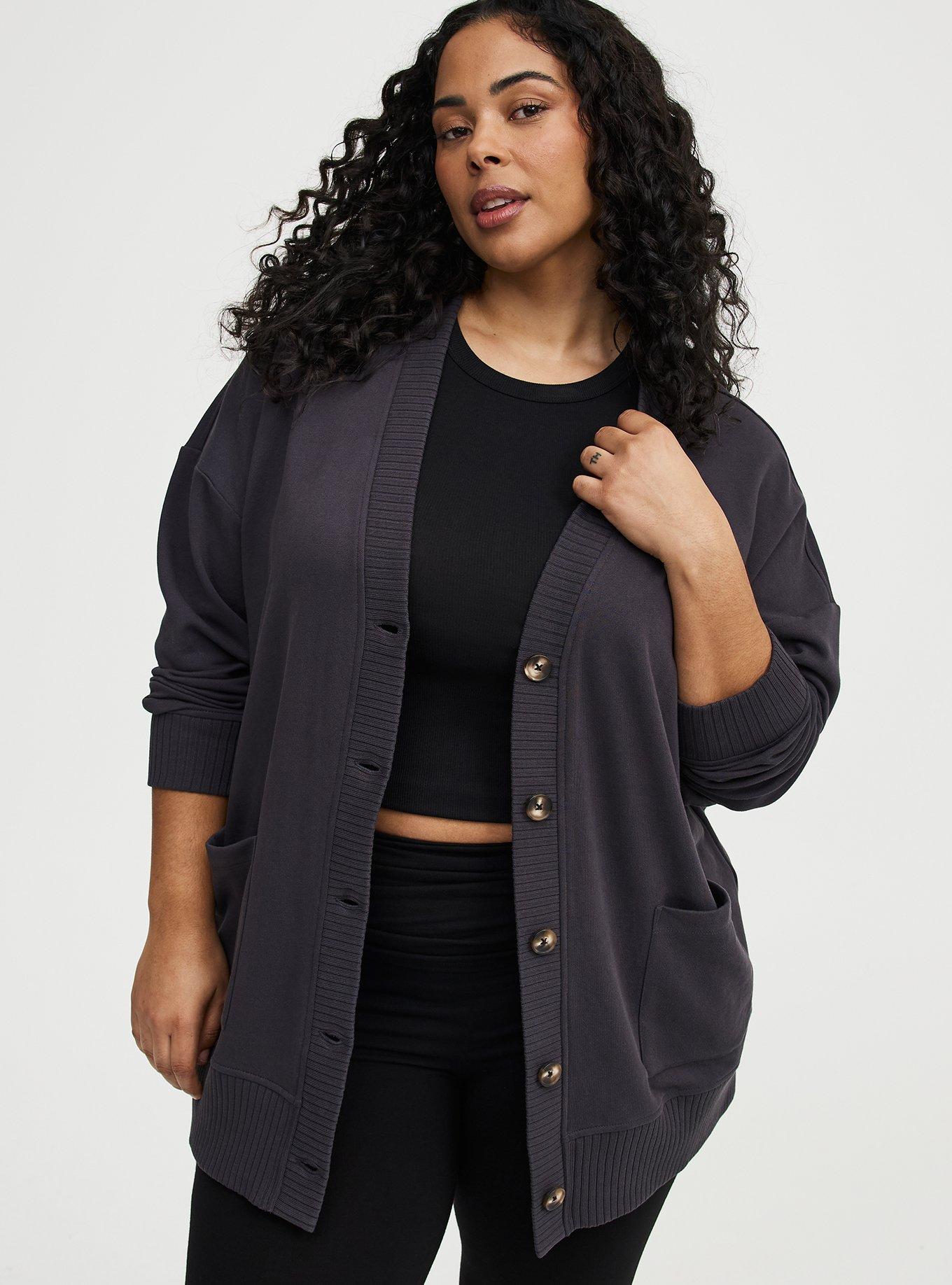 French Terry Boyfriend Cardigan, OBSIDIAN, alternate
