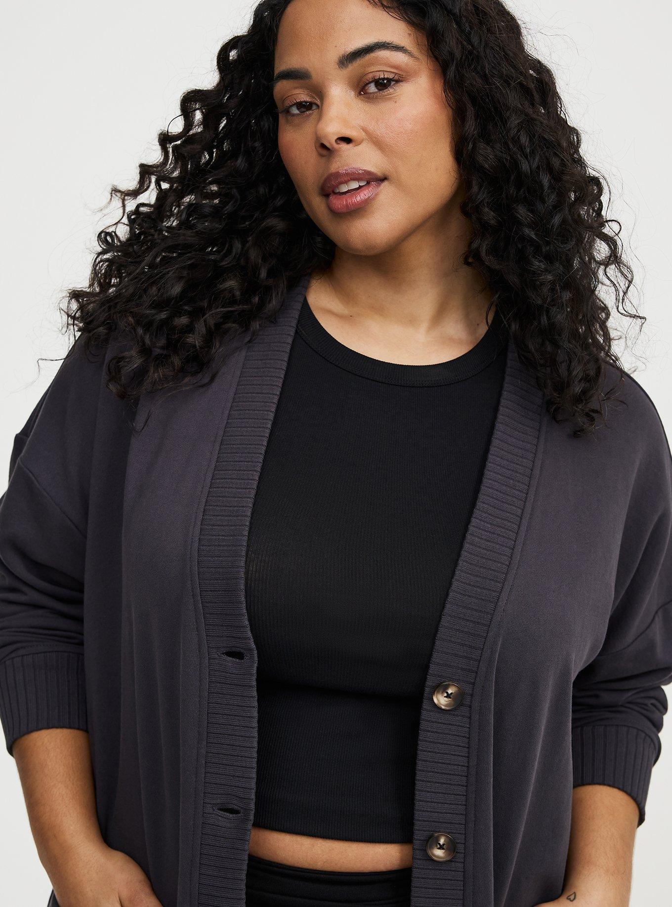 French Terry Boyfriend Cardigan, OBSIDIAN, alternate