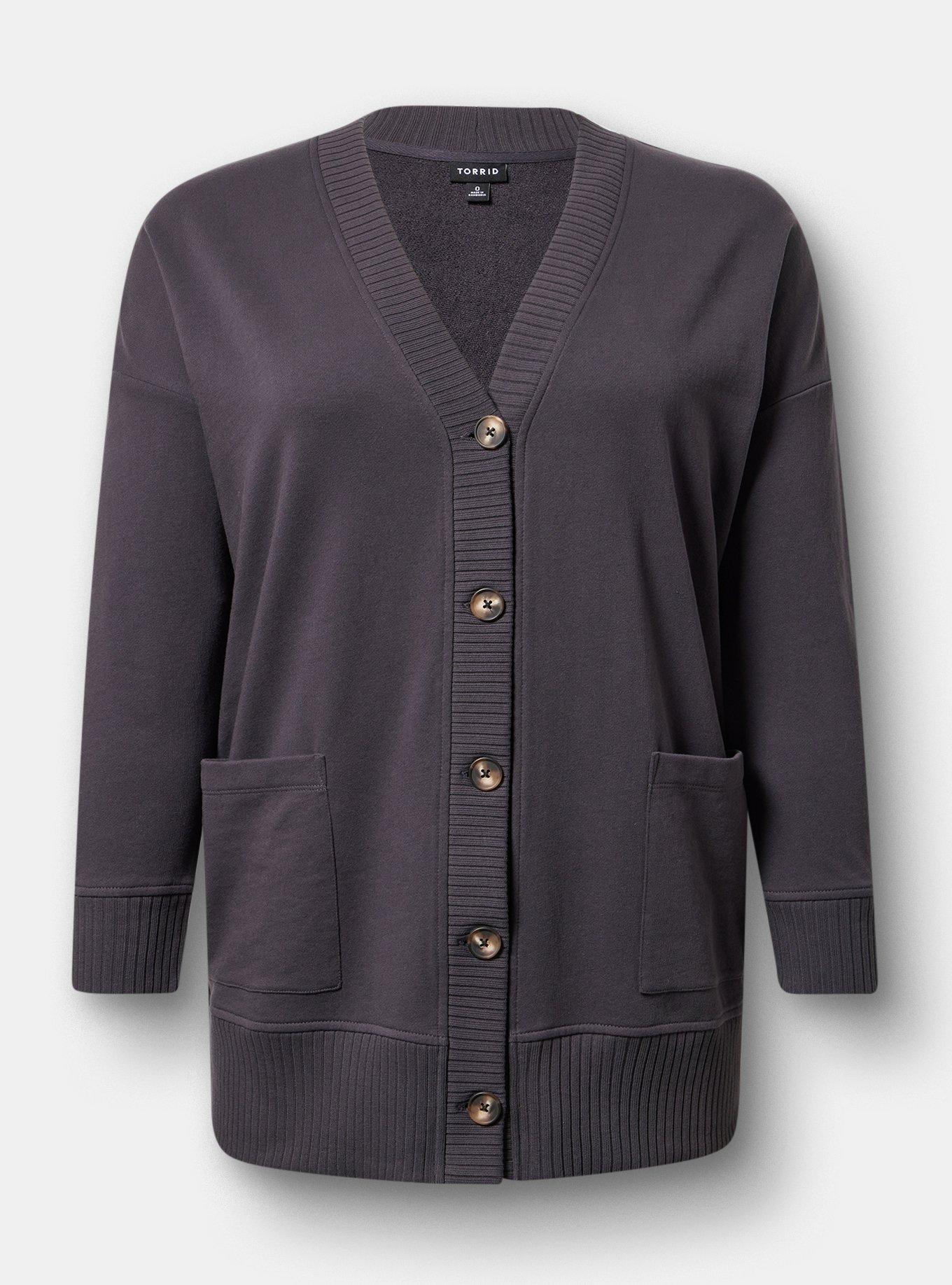 French Terry Boyfriend Cardigan, OBSIDIAN, hi-res