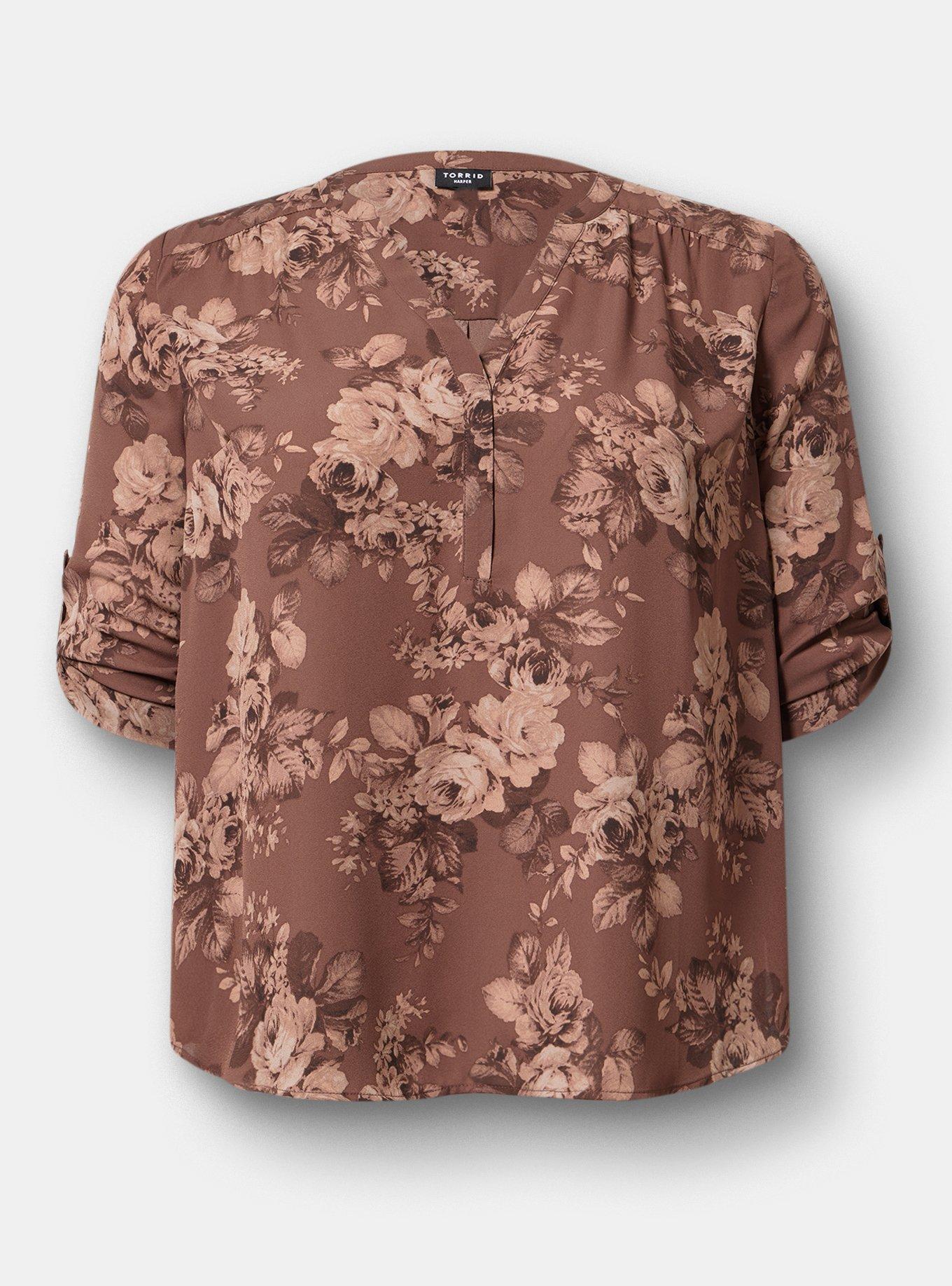 Harper Georgette Straight Hem Blouse, MOUNTAIN ROSES FLORAL BROWN, hi-res