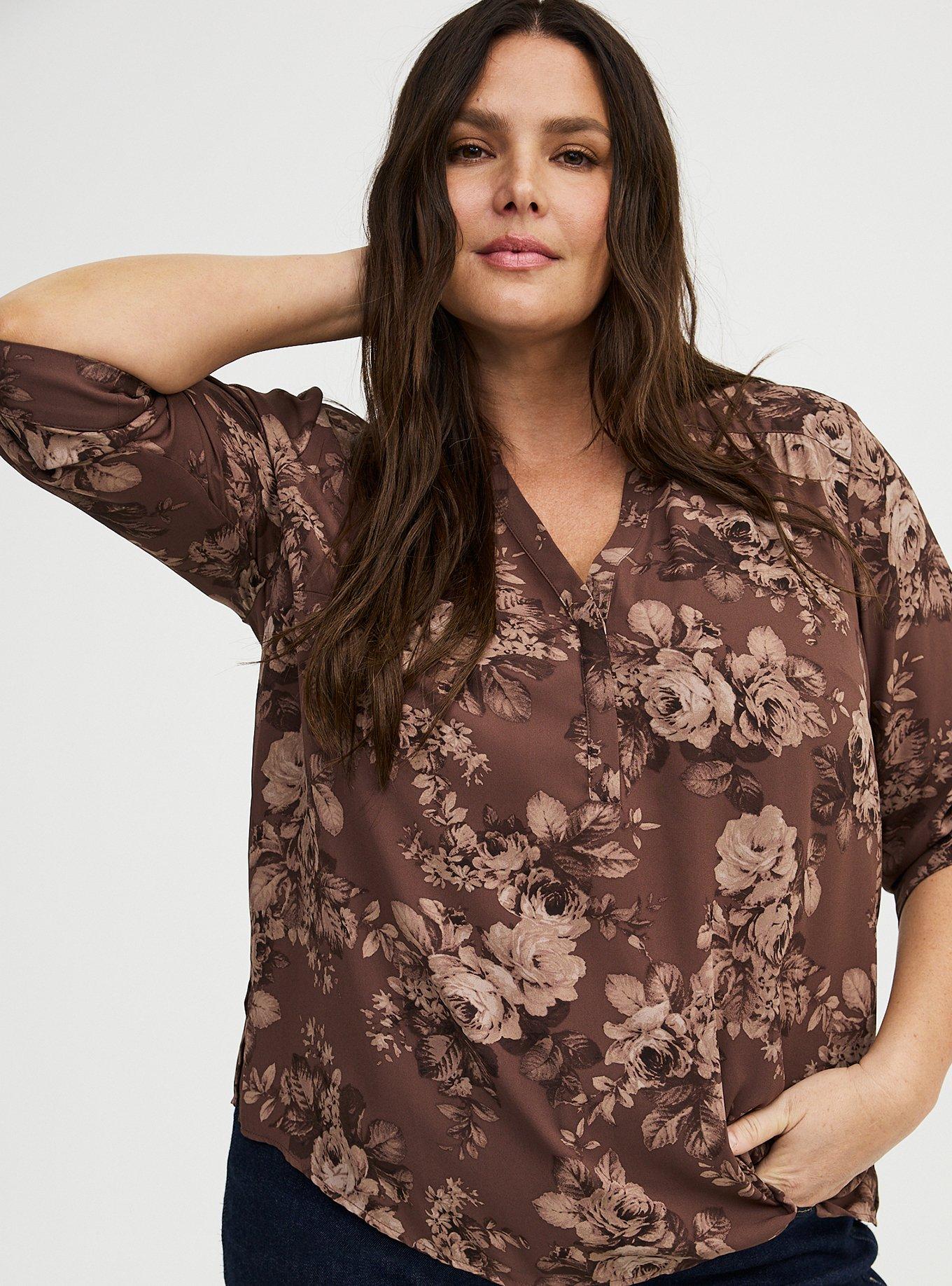 Harper Georgette Straight Hem Blouse, MOUNTAIN ROSES FLORAL BROWN, hi-res