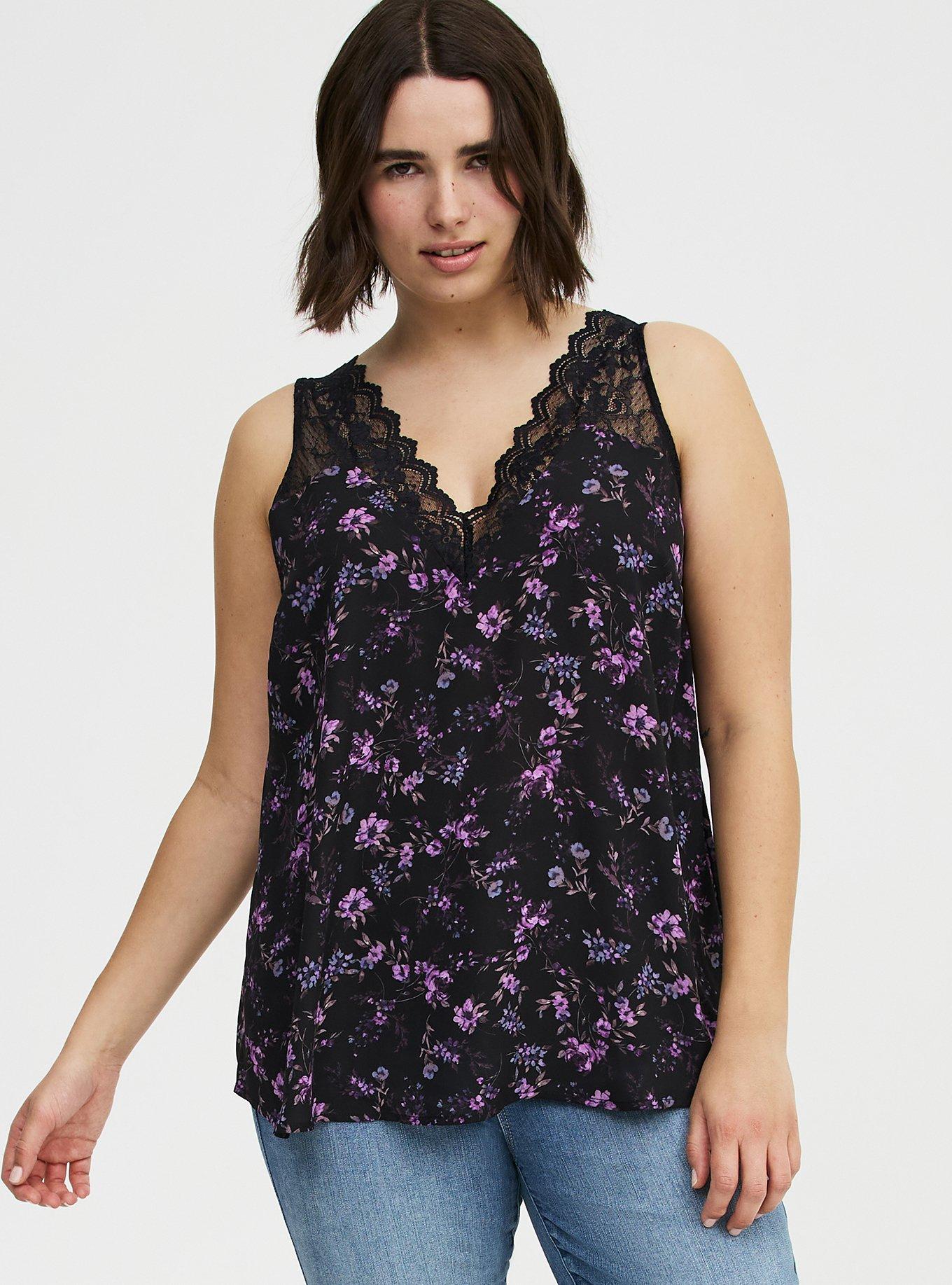 Georgette Lace Detail Cami, NITE GLOW FLORAL BLACK, hi-res