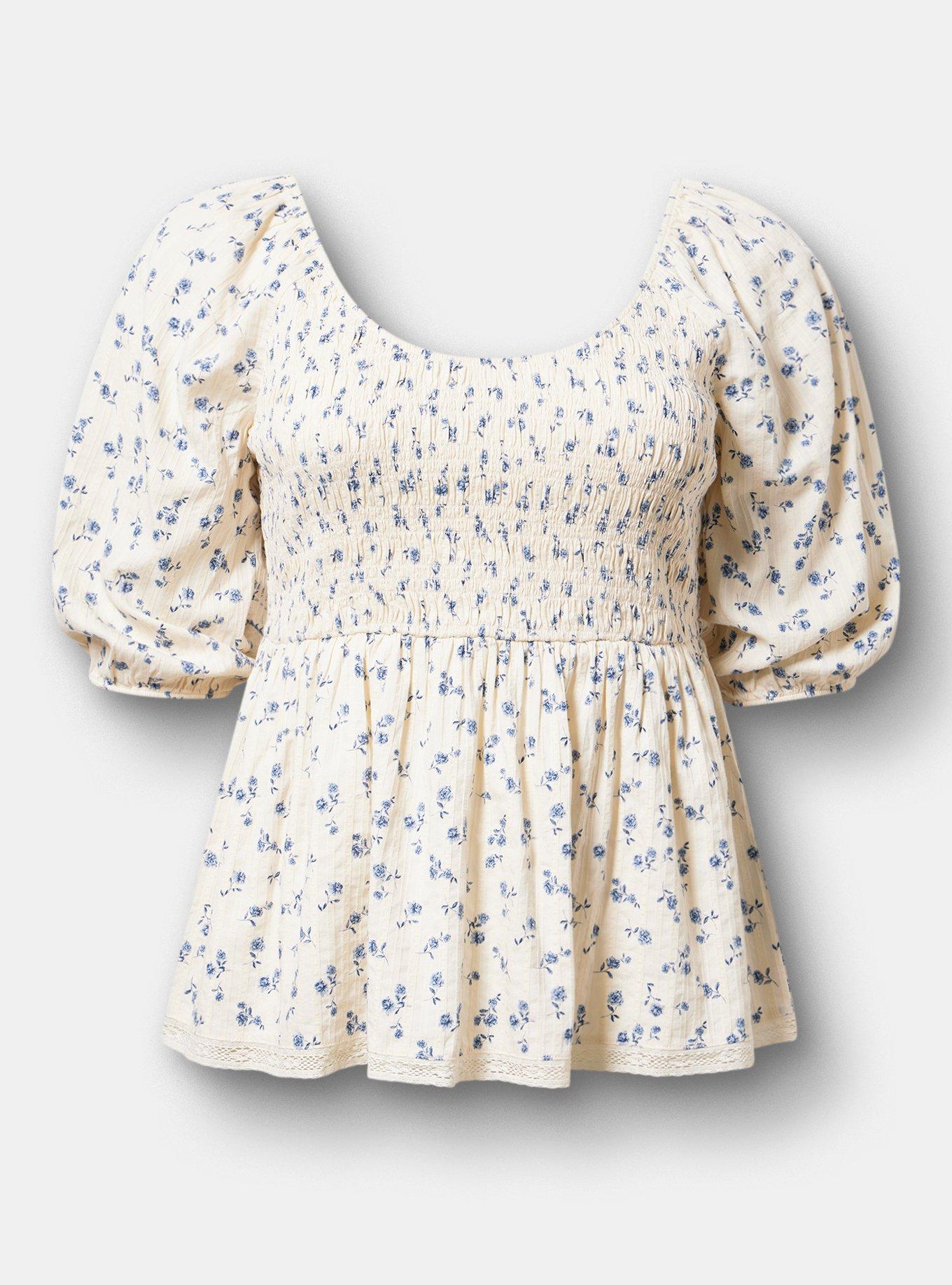 Smocked Babydoll Top, FLO FLORAL IVORY, hi-res